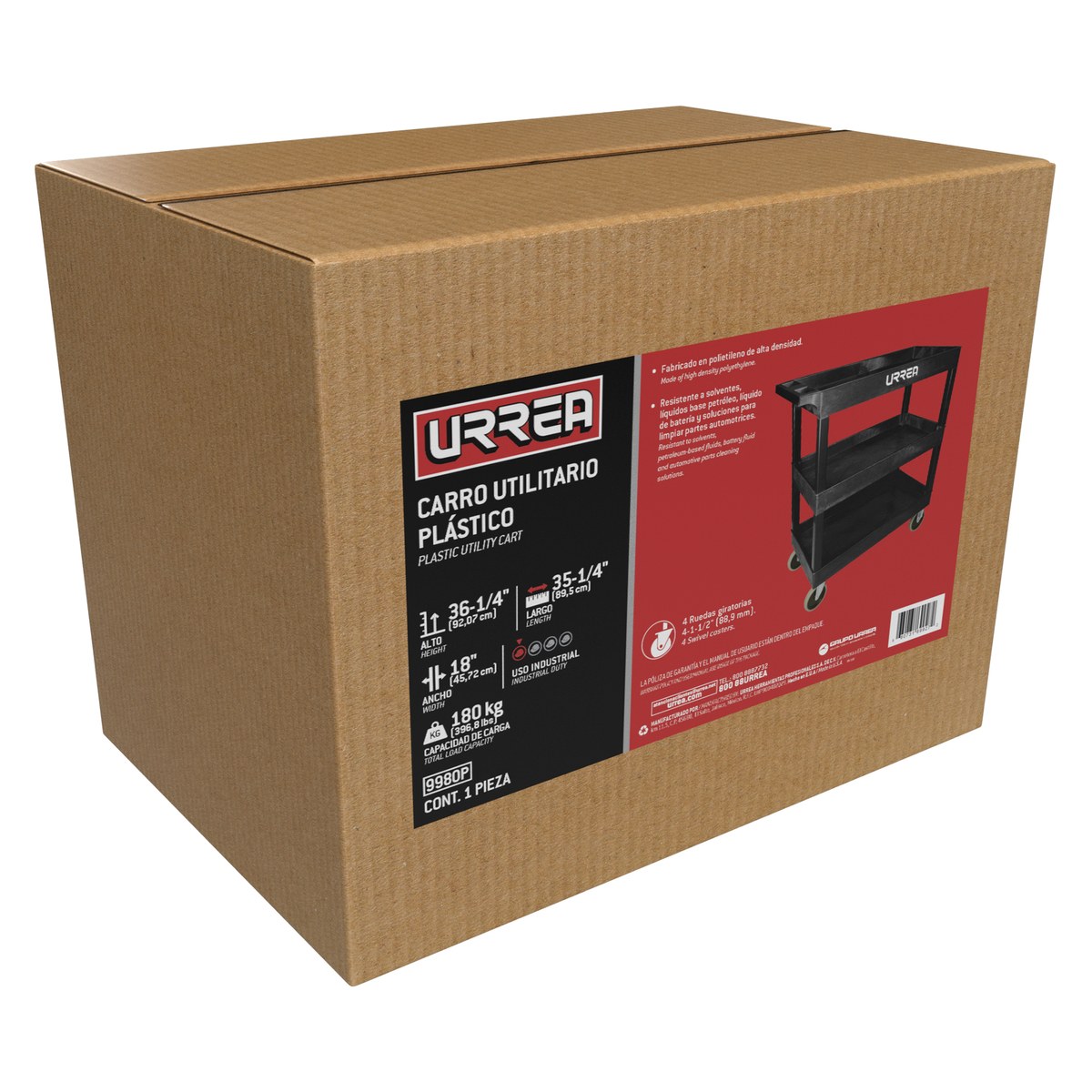 Carro utilitario plástico 35" x 18" 3 niveles Urrea - Imagen 2
