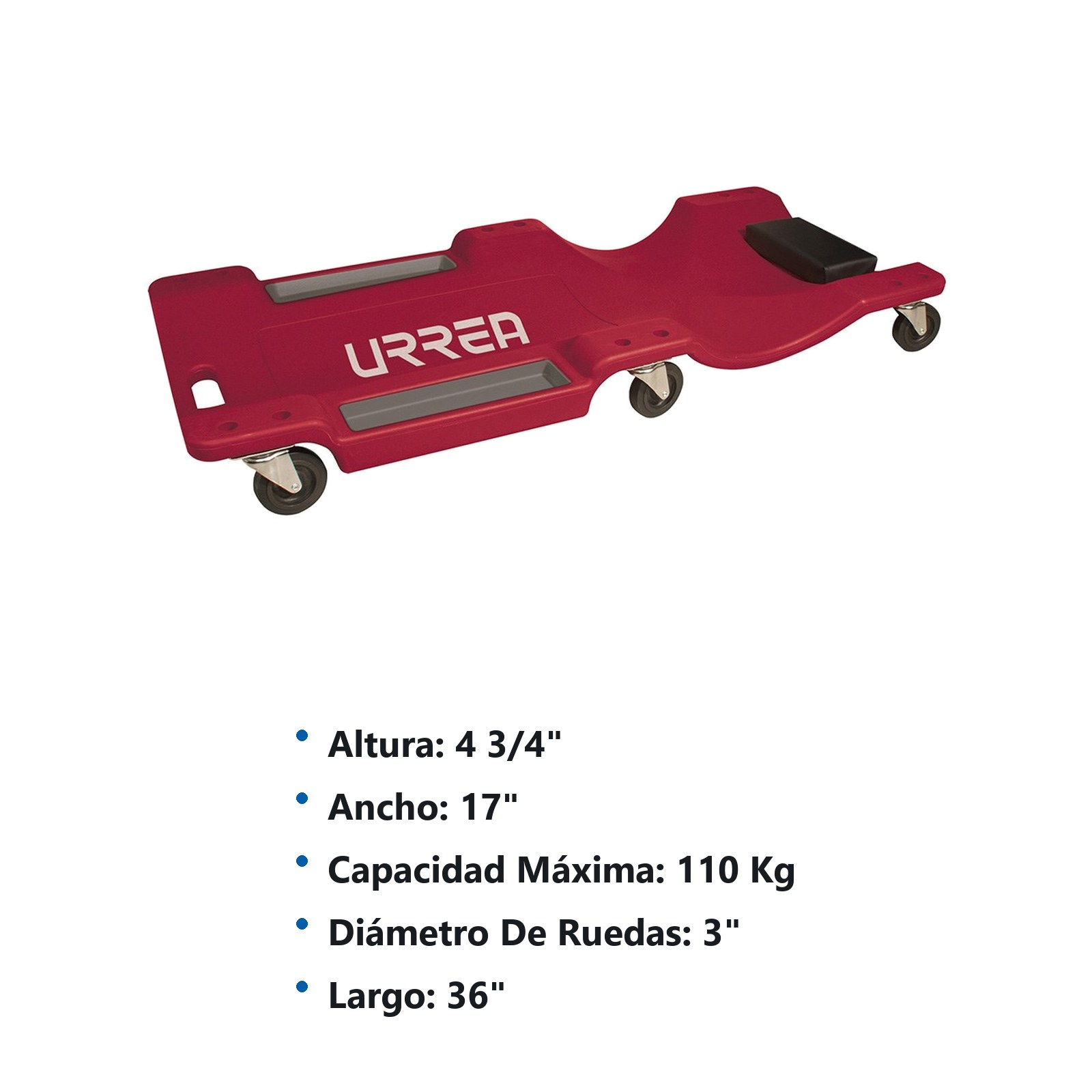 Cama para mecánico plástica, 6 ruedas giratorias, 36" Urrea - Imagen 2