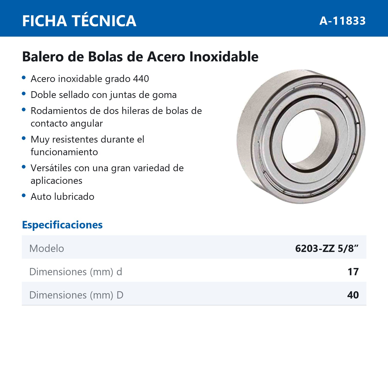 BALERO 6203-ZZ ACERO INOX 5/8 - Imagen 2