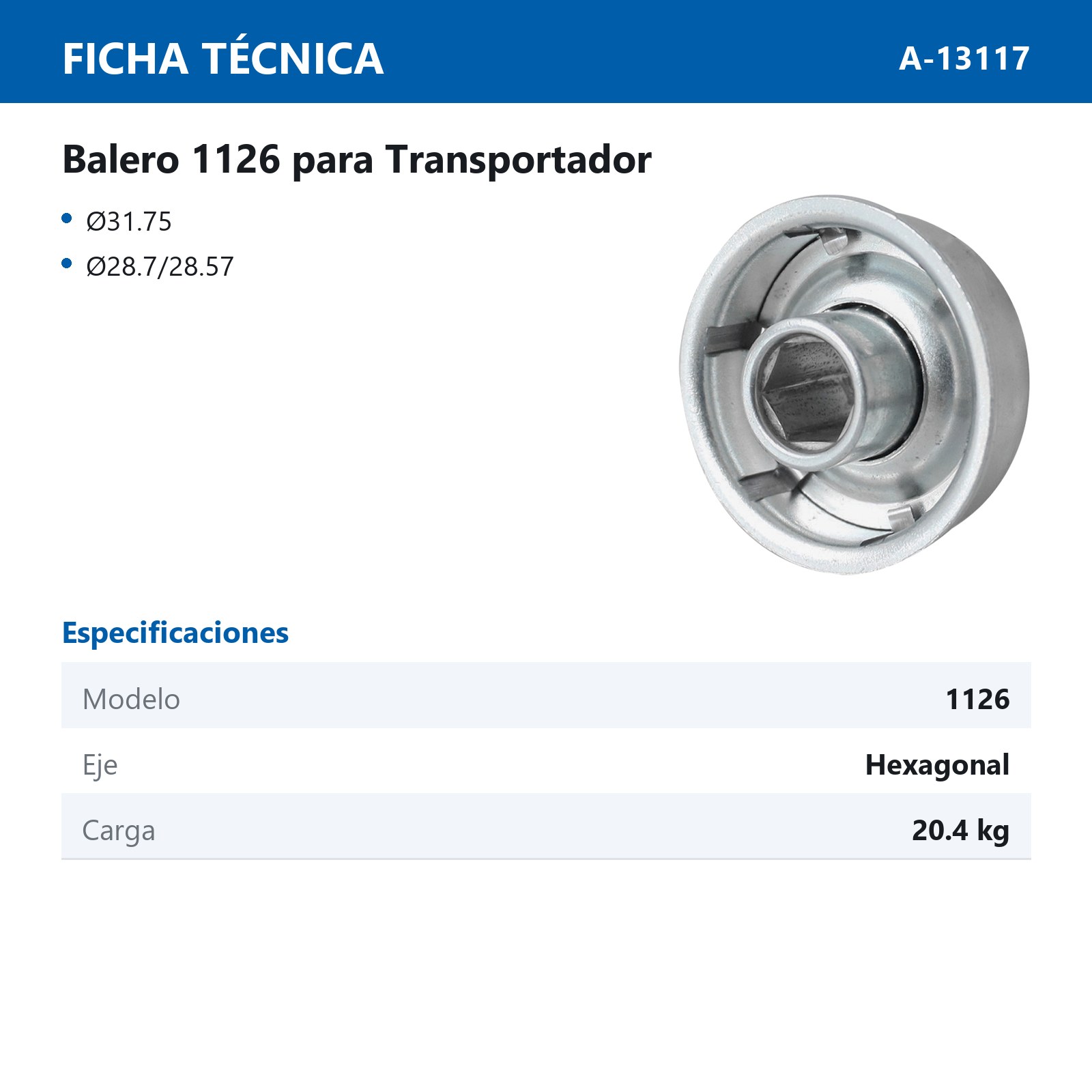 BALERO 1126 PARA TRANSPORTADOR 1-1/4 X 1-1/8 X 5/16 HEXAGONAL - Imagen 3