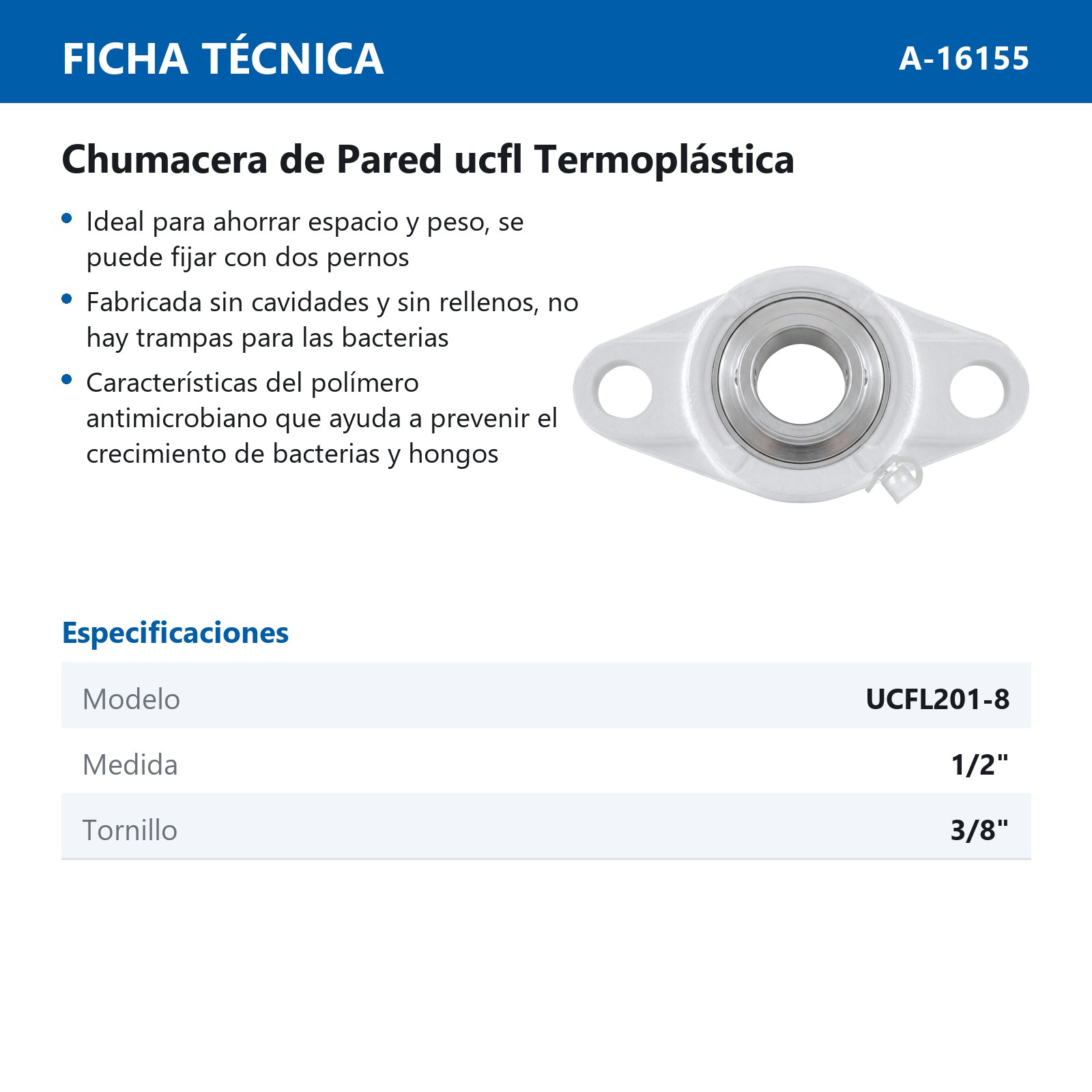 CHUMACERA DE PARED  2T.    UCFL201-8 1/2" ALIMENTICIA - Imagen 2