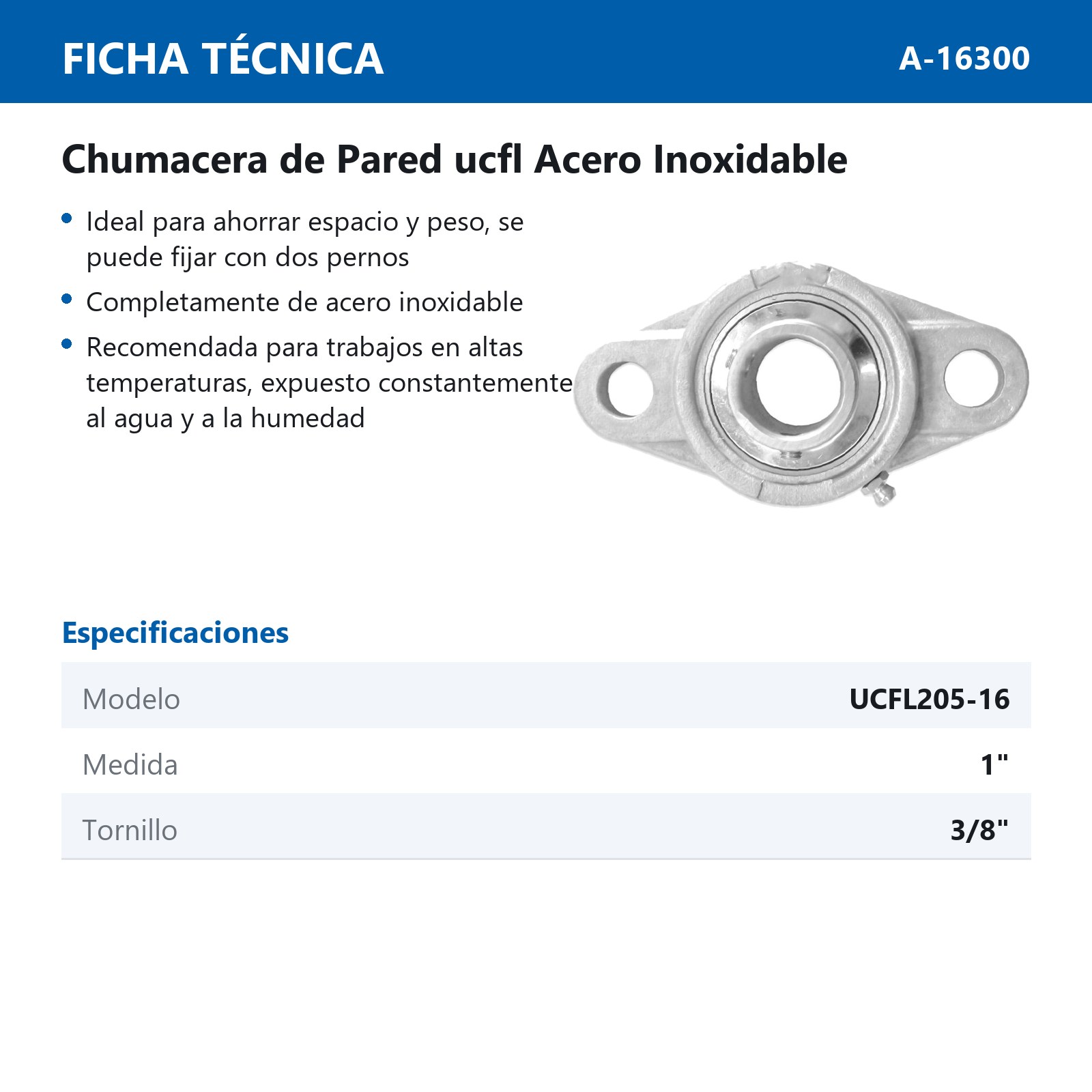 CHUMACERA DE PARED  2T.    UCFL205-16 1" INOX. - Imagen 2