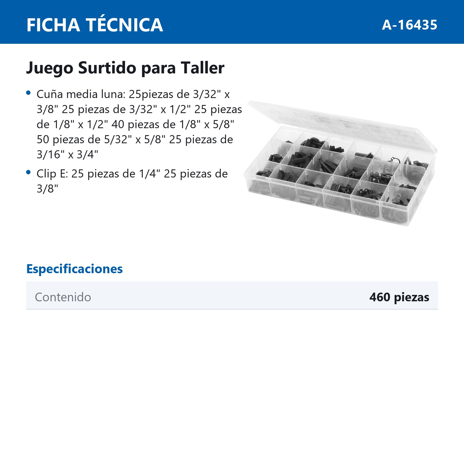 JGO SURTIDO PARA TALLER 460 PZAS (CUÑAS, PERNOS, ANILLOS D/RETENCION Y CLIPS E) - Imagen 2