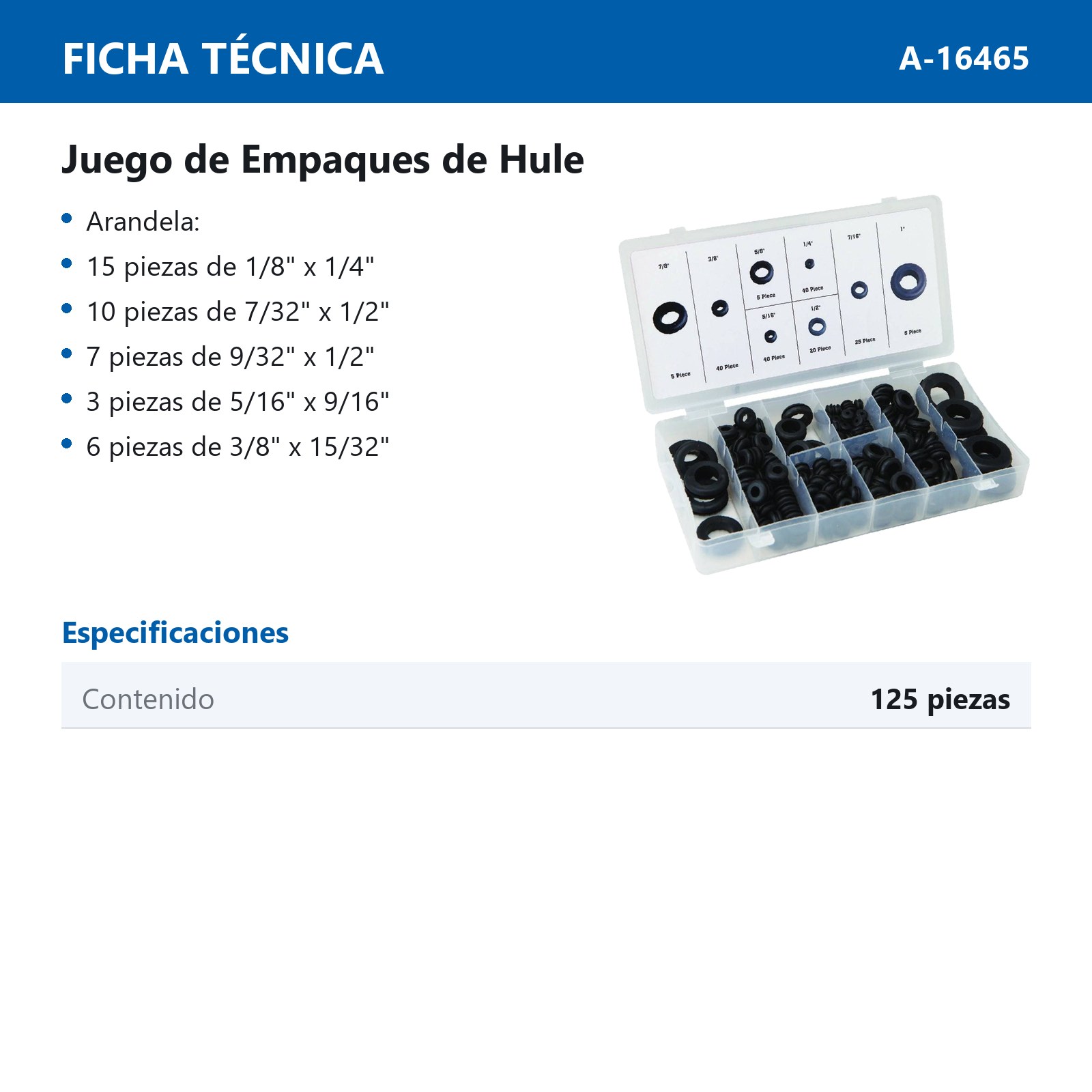 JGO DE EMPAQUES DE HULE 125 PZAS (ARANDELAS Y TAPONES) - Imagen 2