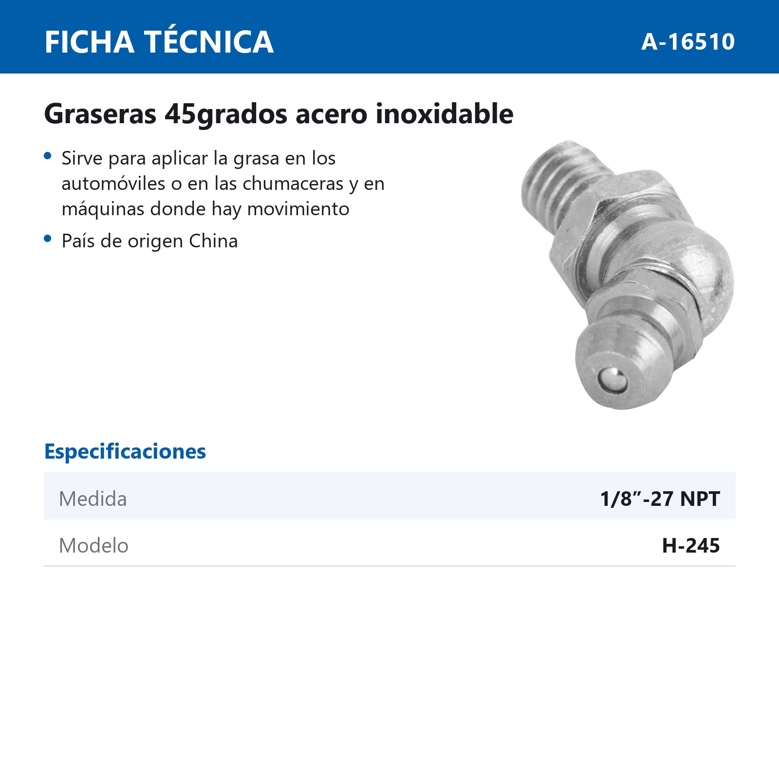 GRASERA 1/8-27 45°NPT INOXIDABLE (Precio x pieza - Empaque c/100 pzas) - Imagen 3
