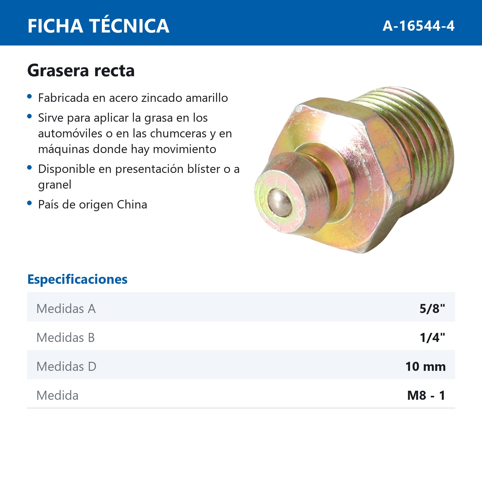 GRASERA M8 X 1 RECTA (Precio x pieza - Empaque c/500 pzas) - Imagen 3