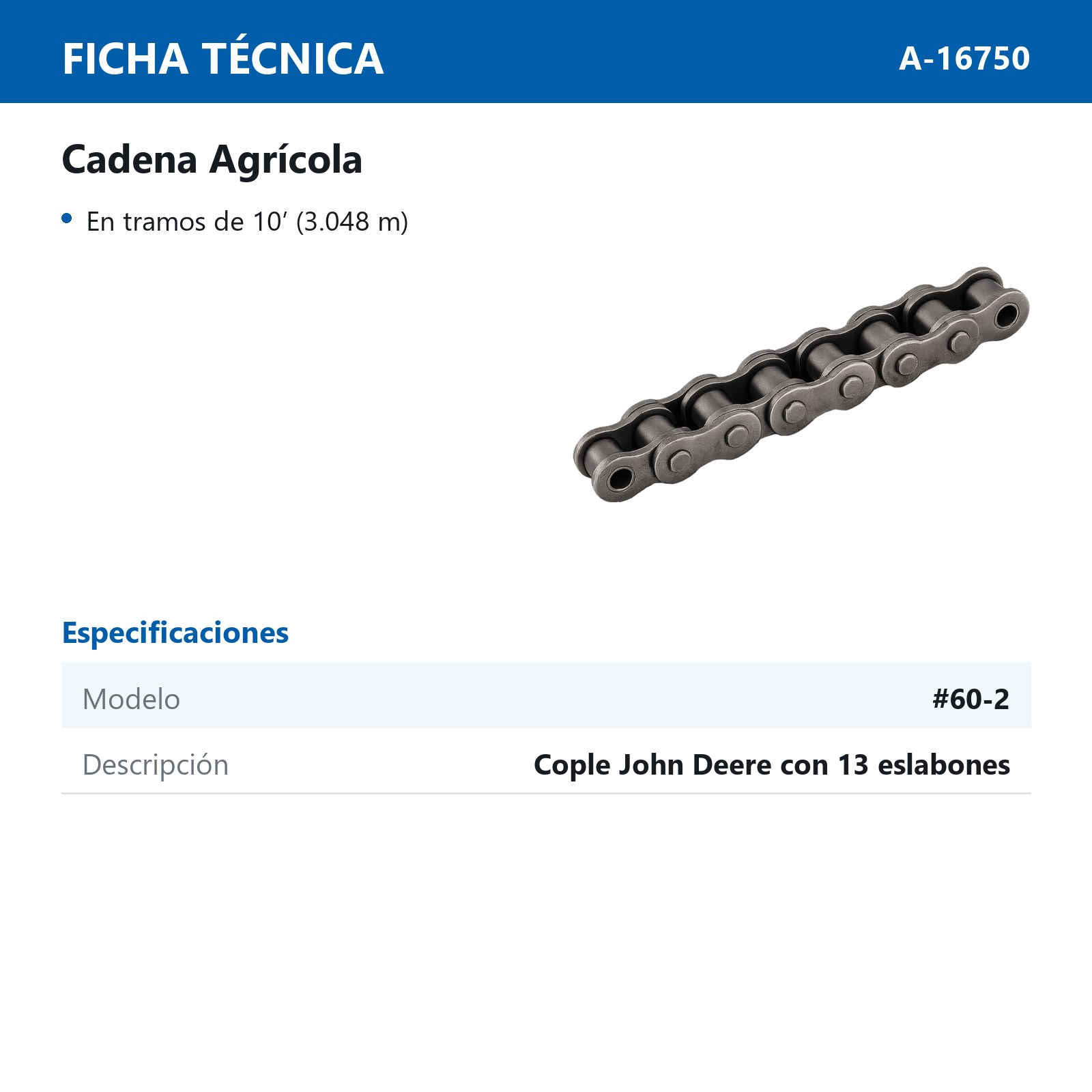 CADENA # 60-2 P/COPLE JOHN DEERE (13 ESLA) - Imagen 2