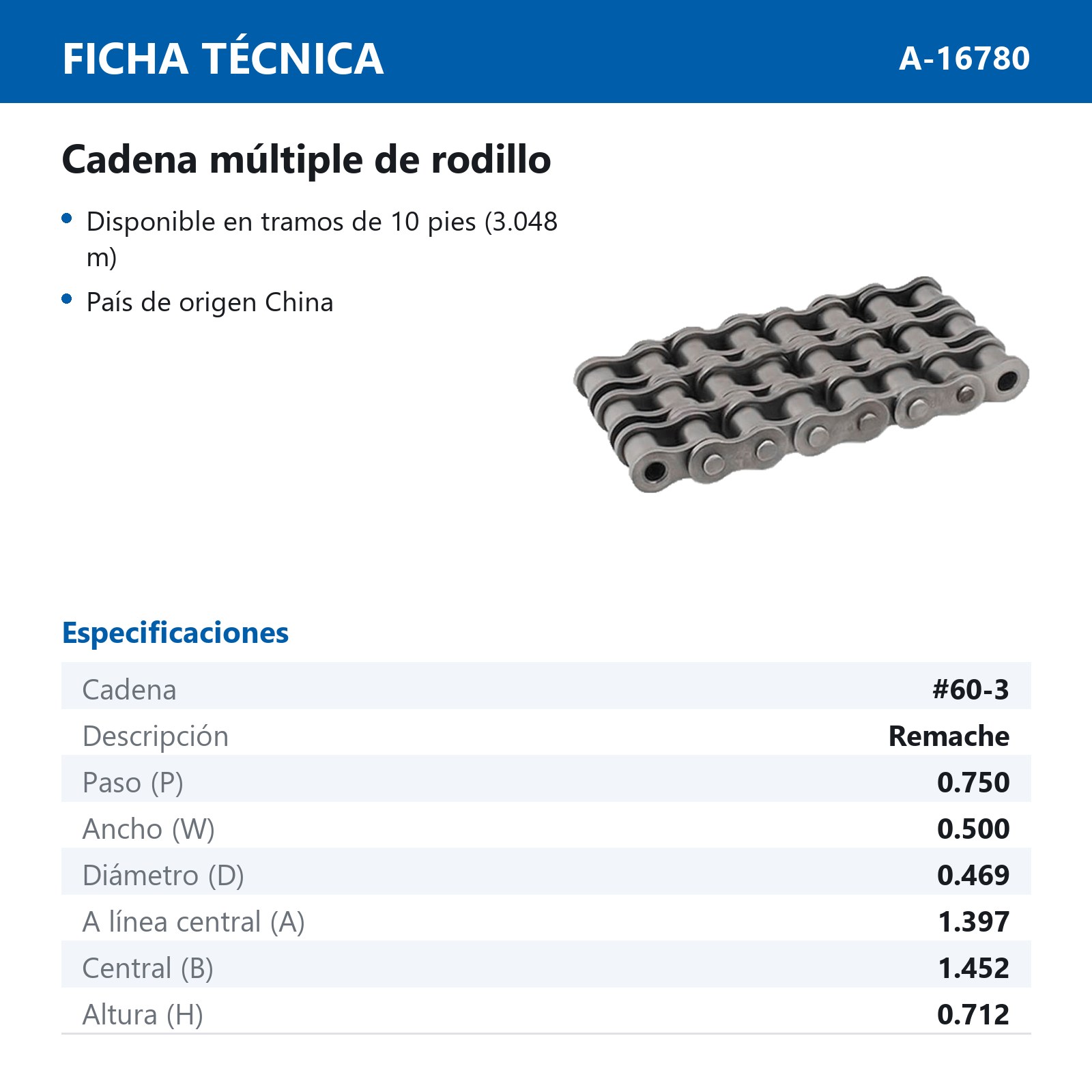 CADENA # 60 TRIPLE REMACHE (CAJA DE 10 PIES) - Imagen 2