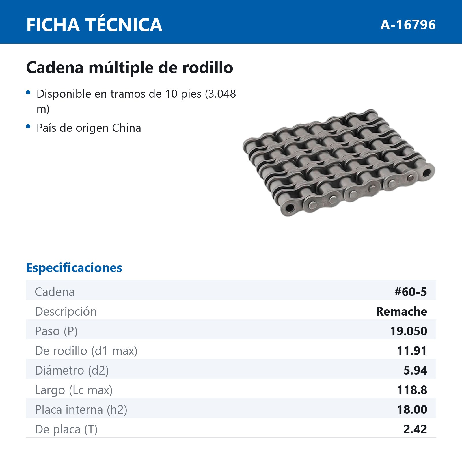 CADENA # 60 QUINTUPLE REMACHE (CAJA DE 10 PIES) - Imagen 2