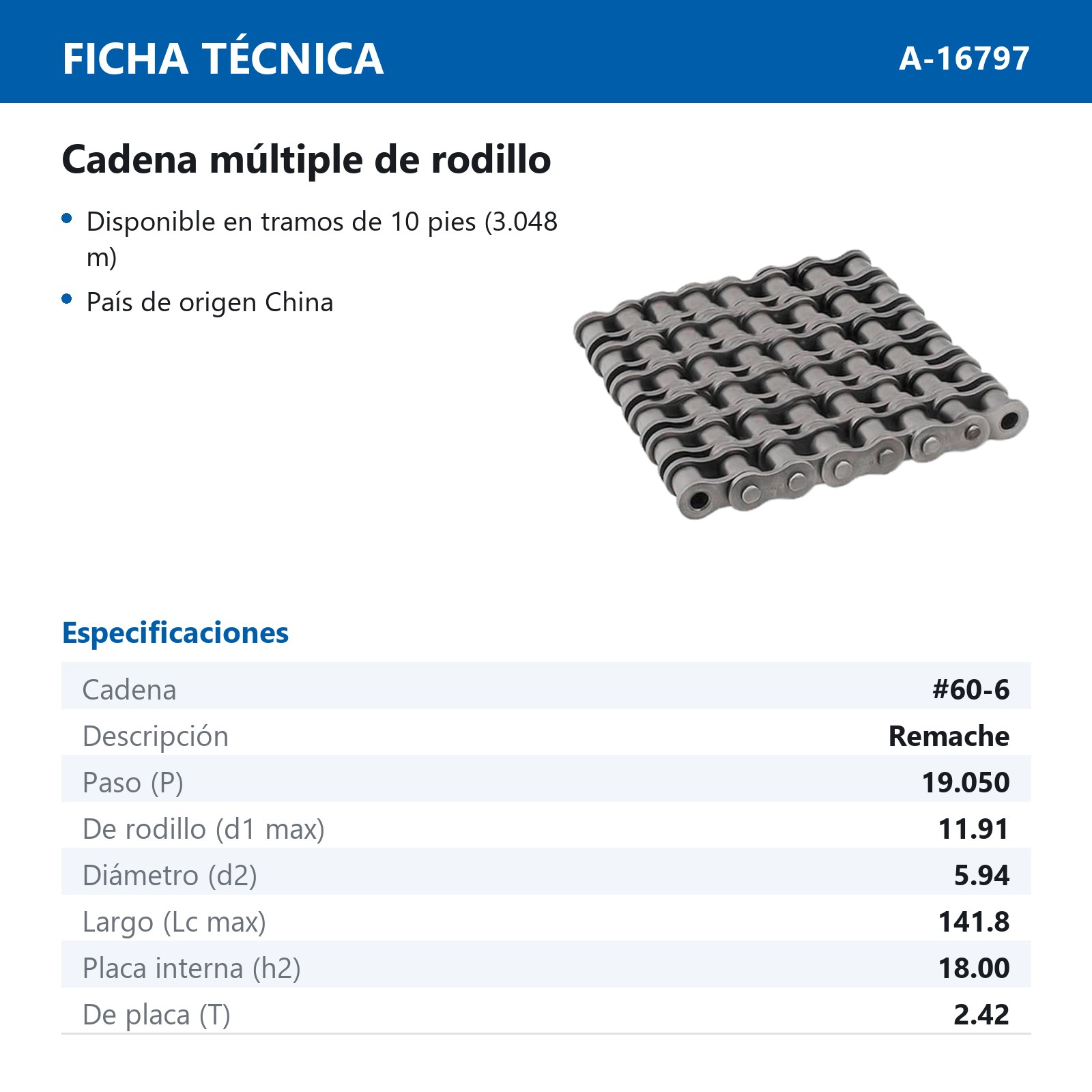 CADENA # 60 SEXTUPLE REMACHE (CAJA DE 10 PIES) - Imagen 2