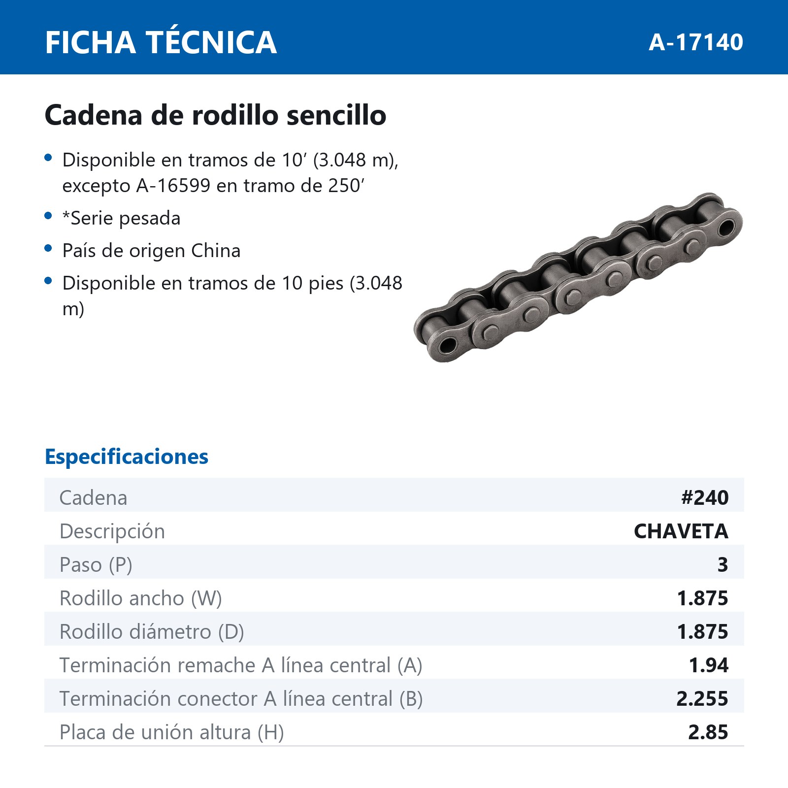 CADENA # 240 CHAVETA (CAJA DE 10 PIES) - Imagen 2