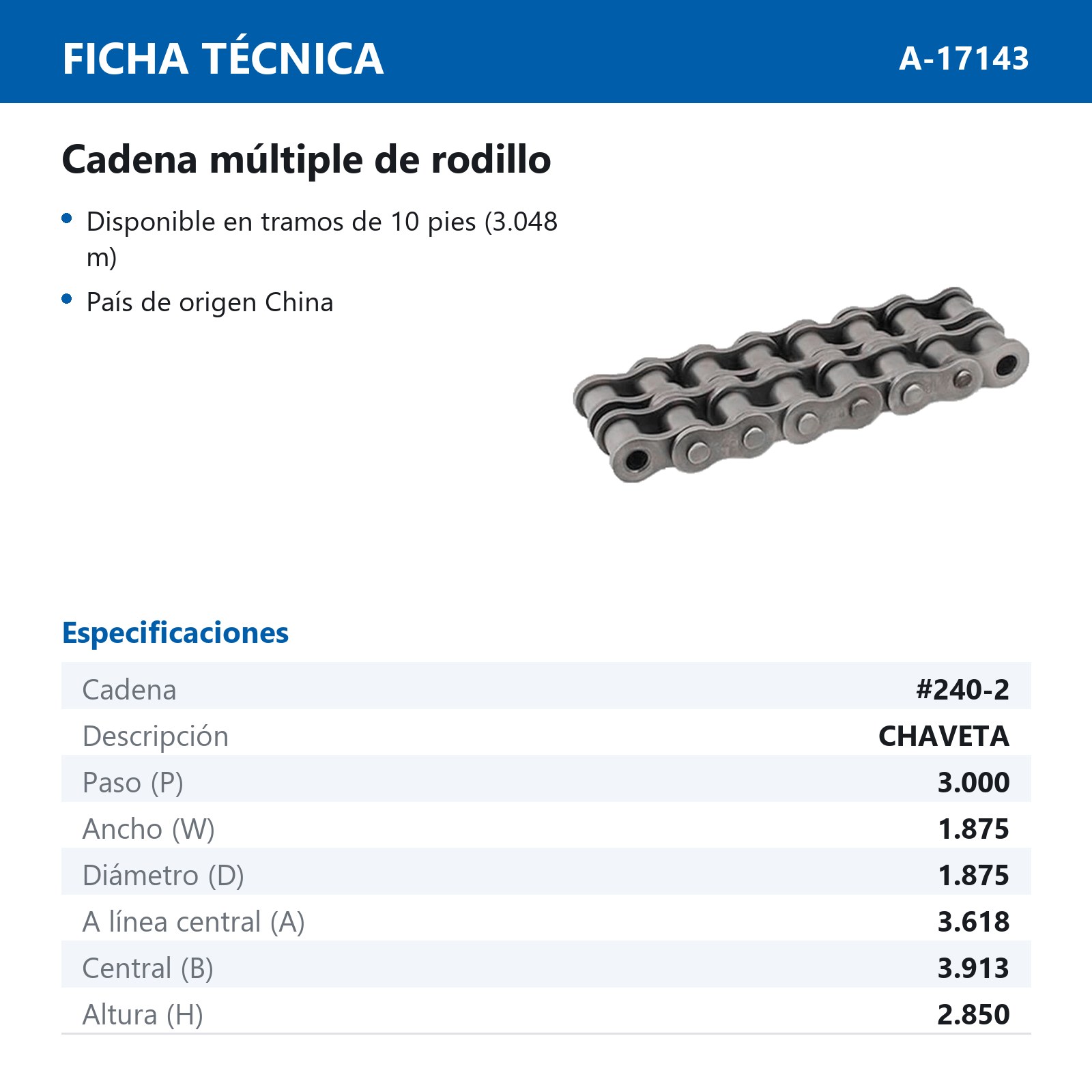 CADENA # 240 DOBLE CHAVETA (CAJA DE 10 PIES) - Imagen 2