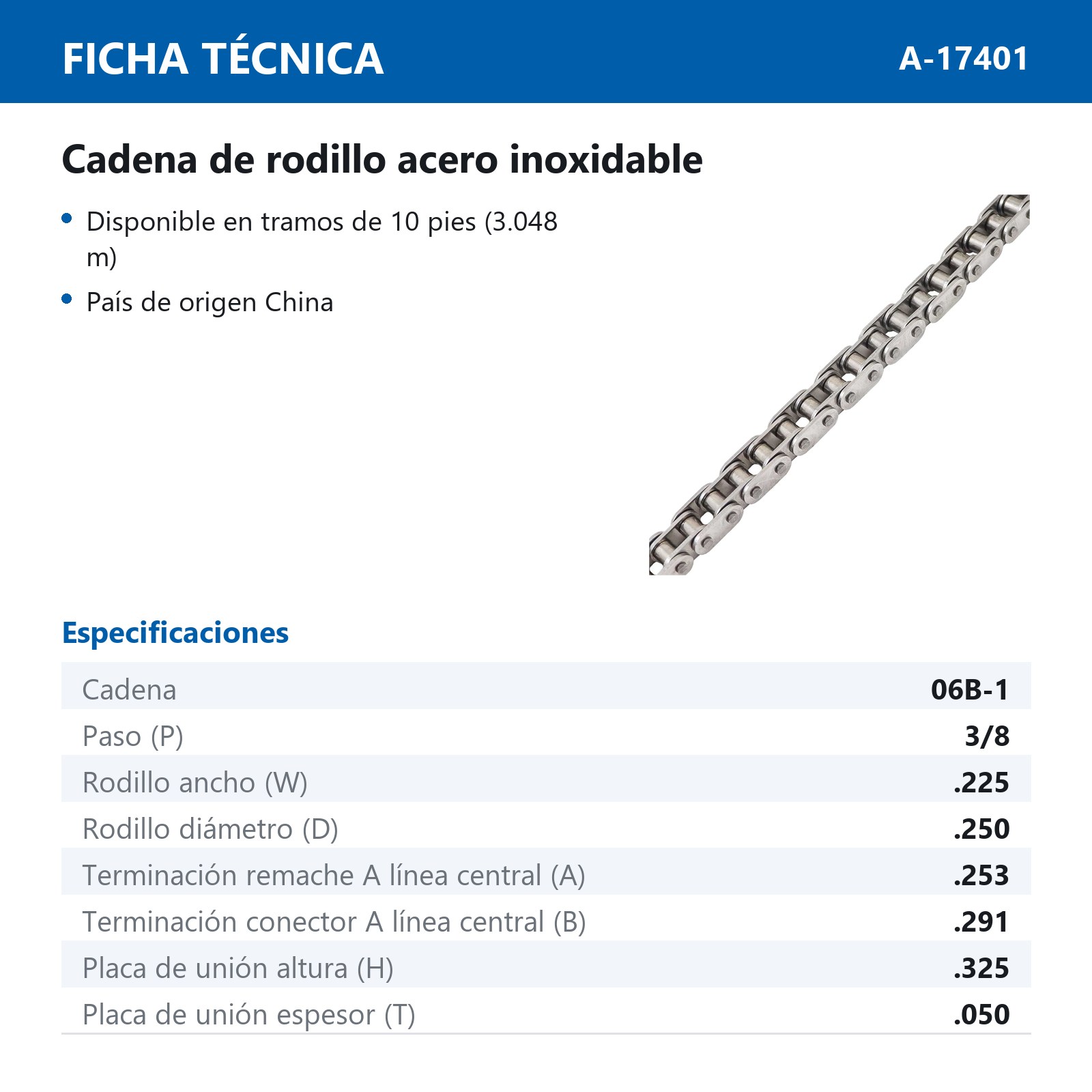 CADENA METRICA 06B1 ACERO INOXIDABLE SUS304 (CAJA DE 10 PIES) - Imagen 4