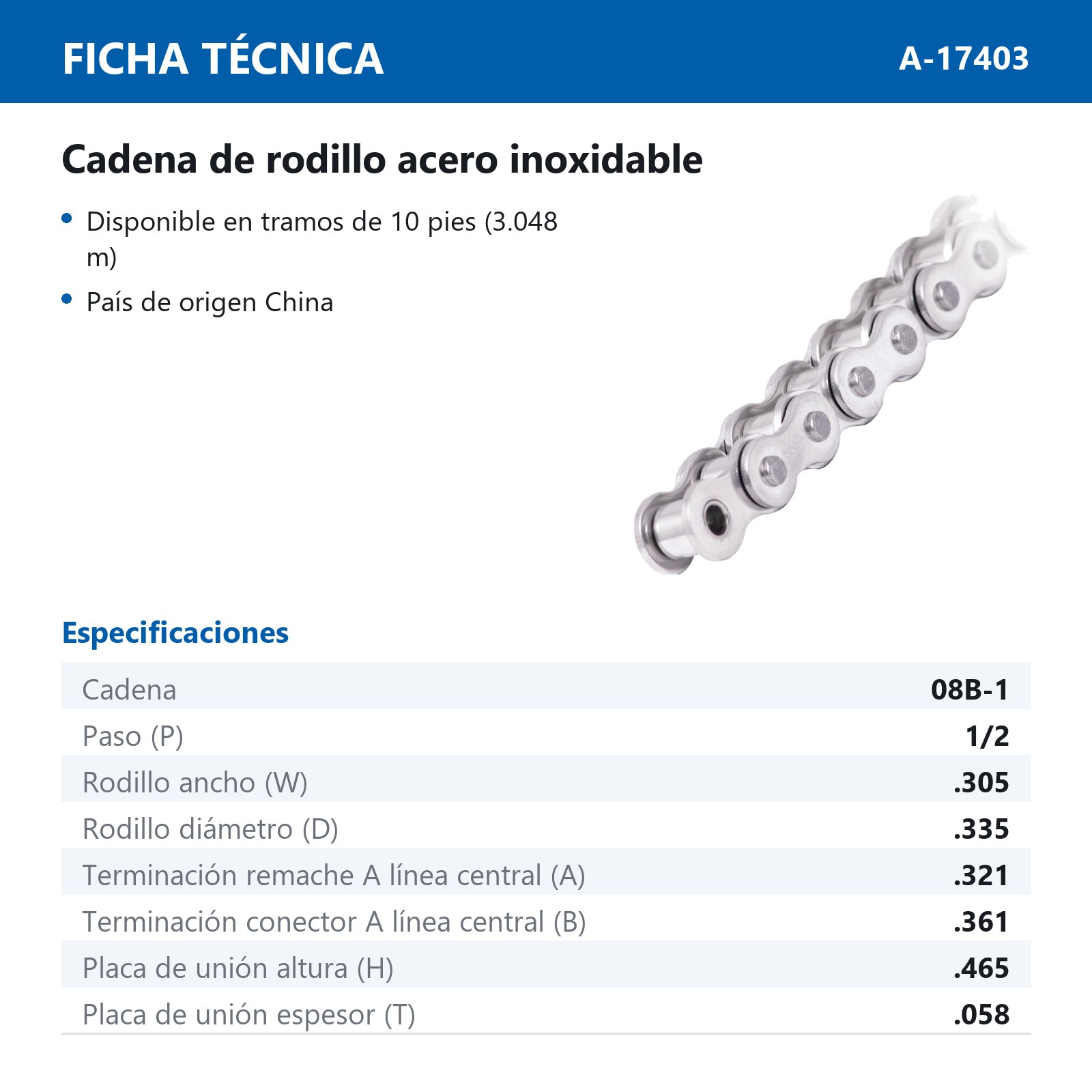 CADENA METRICA 08B1 ACERO INOXIDABLE SUS304 (CAJA DE 10 PIES) - Imagen 2