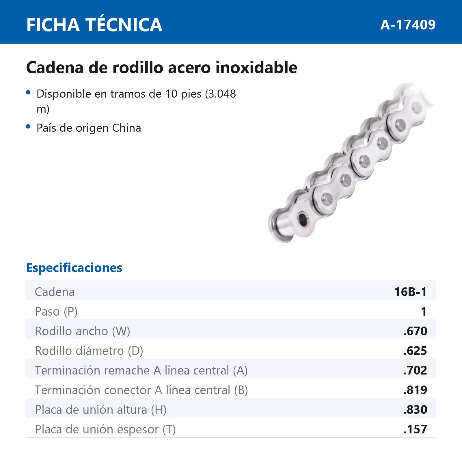 CADENA METRICA 16B1 ACERO INOXIDABLE SUS304 (CAJA DE 10 PIES) - Imagen 2