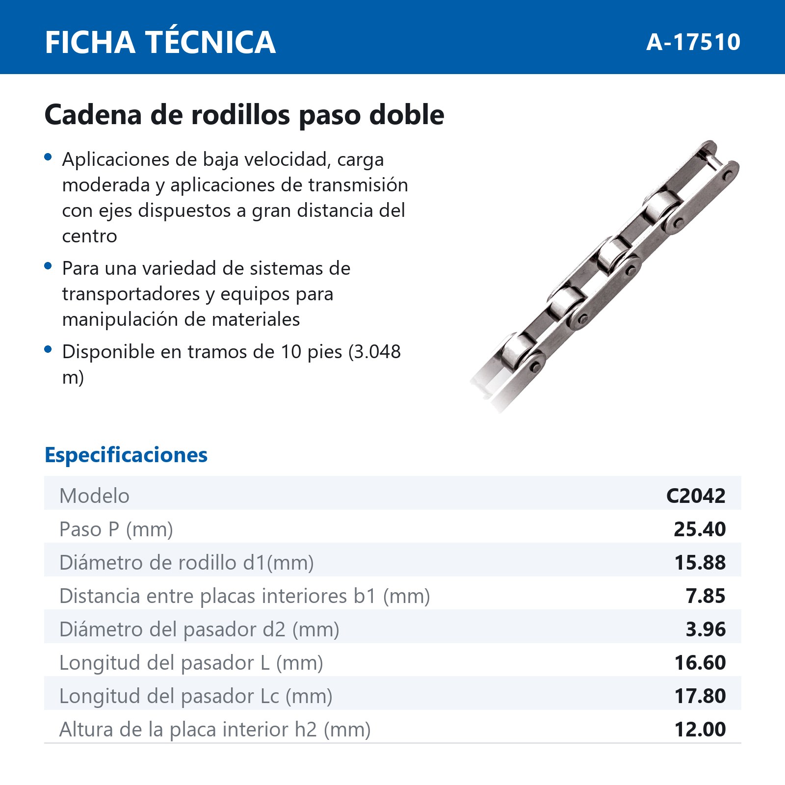 CADENA RODILLO C2042 (CAJA DE 10 PIES) - Imagen 4