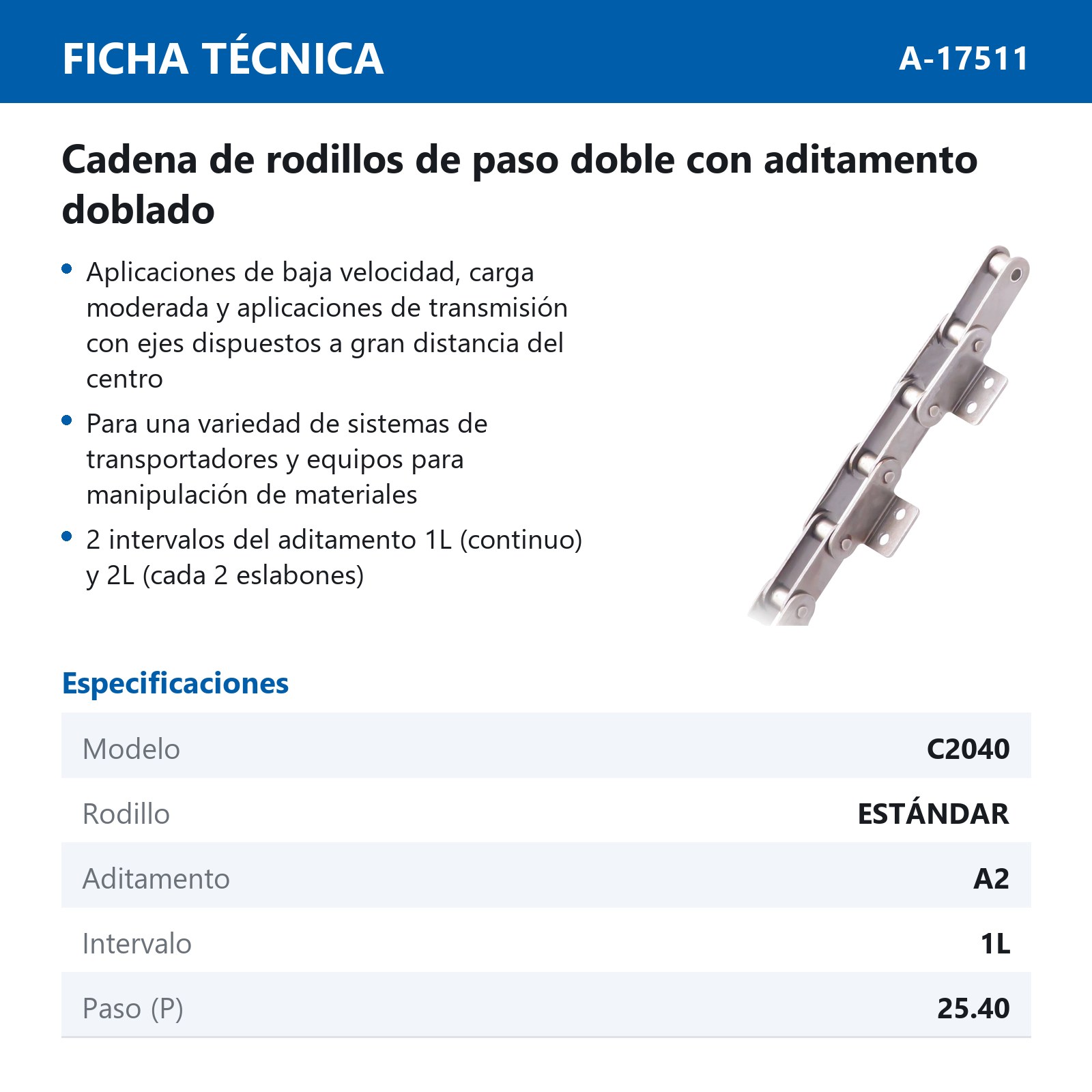 CADENA RODILLO C2040-A2/1L (CAJA DE 10 PIES) - Imagen 3