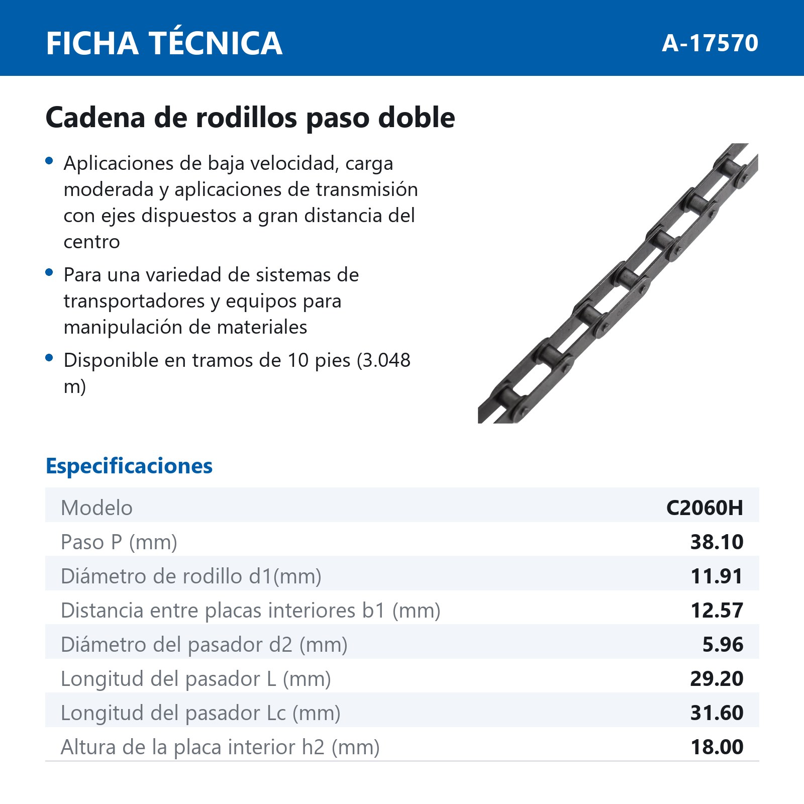 CADENA RODILLO C2060H (CAJA DE 10 PIES) - Imagen 4