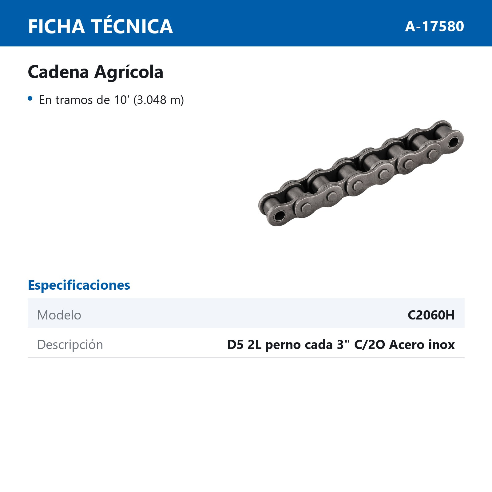 CADENA RODILLO C2060H C/D5 3" 2L (CAJA DE 10 PIES) - Imagen 2