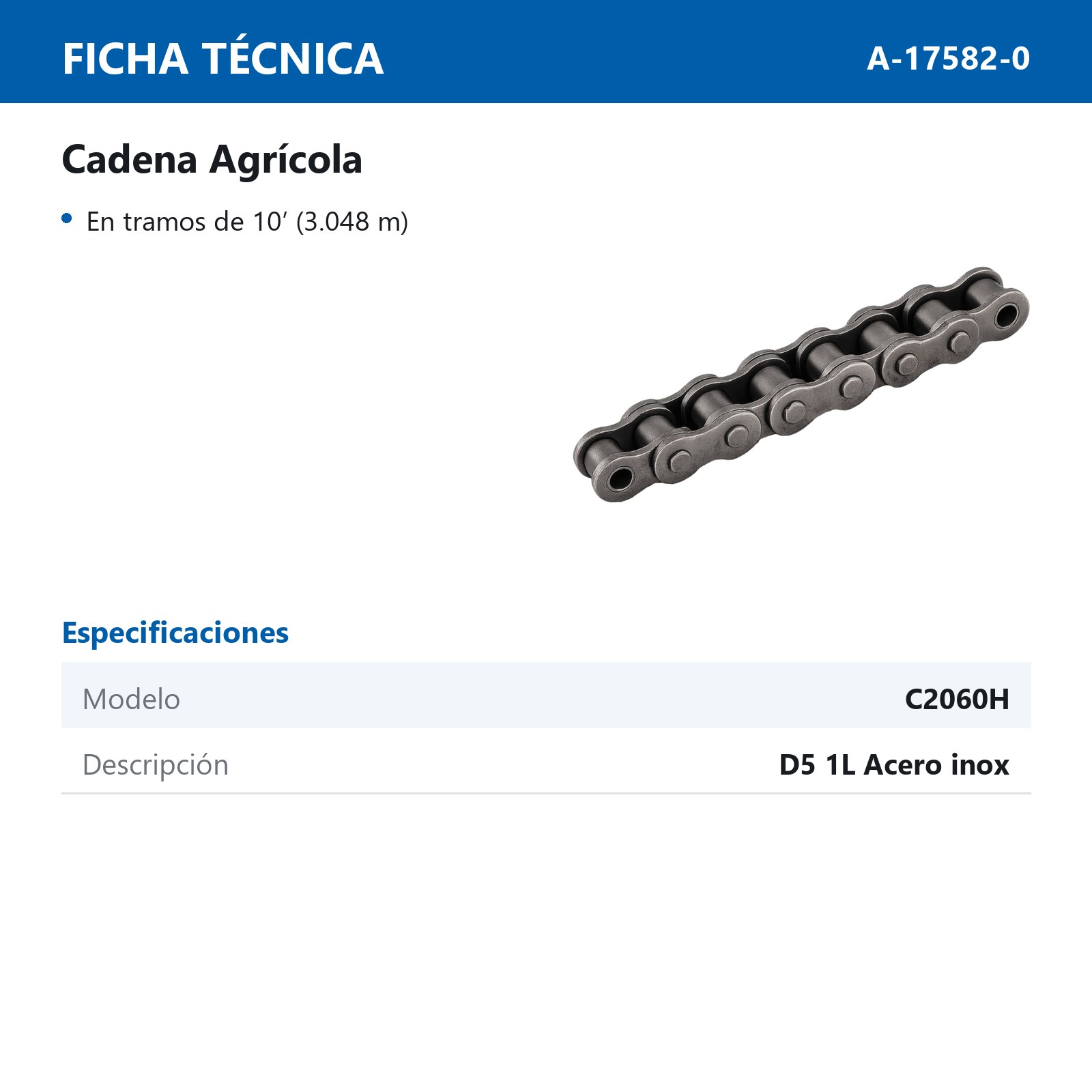 CADENA RODILLO C2060H C/D5 SS 1L (CAJA DE 10 PIES) - Imagen 2