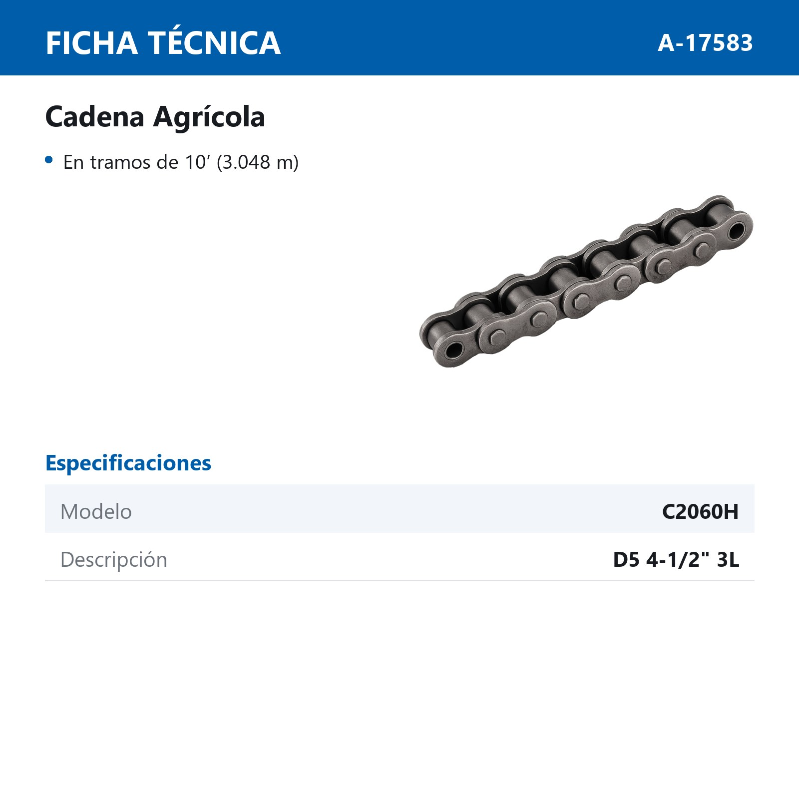CADENA RODILLO C2060H C/D5 4-1/2" 3L (CAJA DE 10 PIES) - Imagen 2