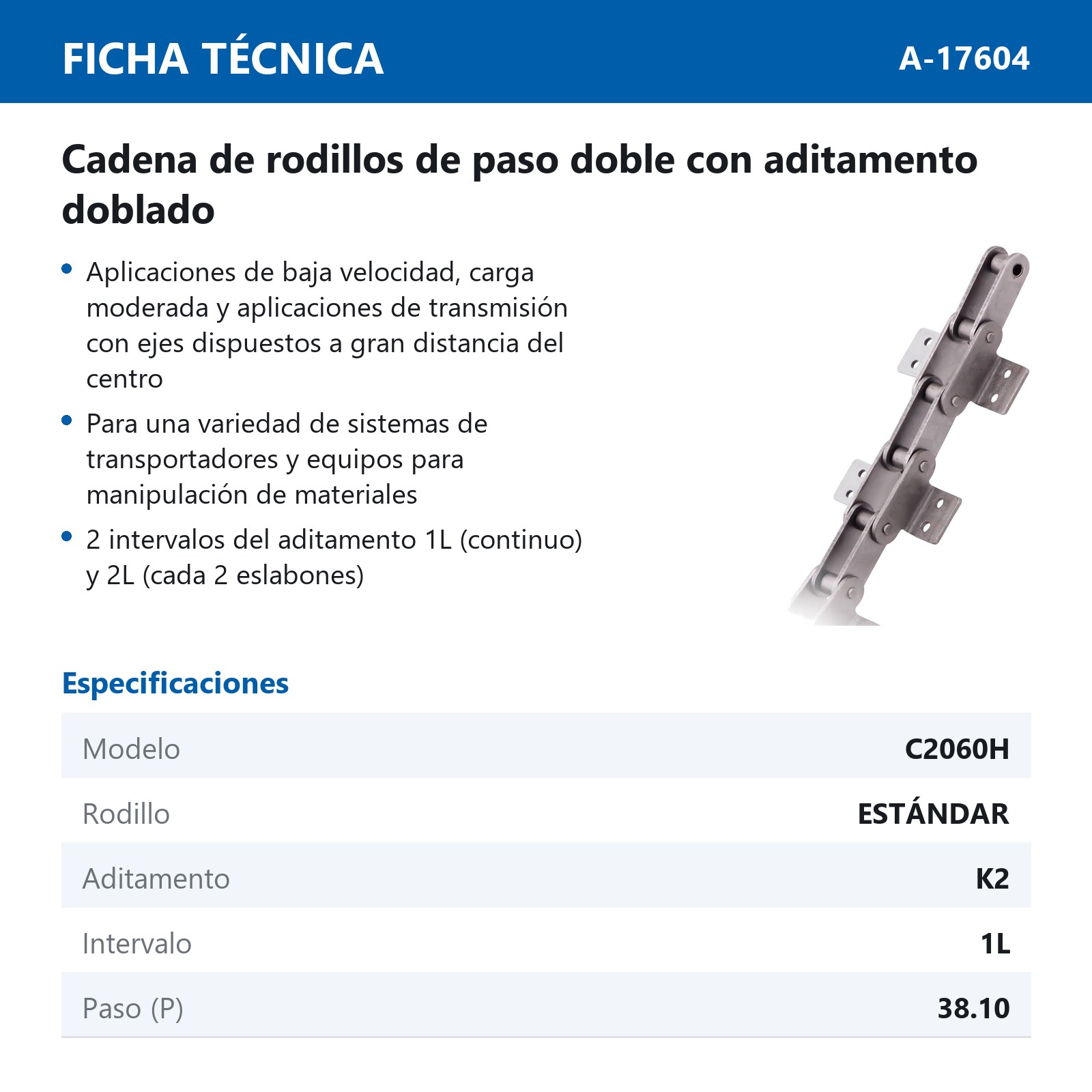 CADENA RODILLO C2060H C/K2/1L (CAJA DE 10 PIES) - Imagen 3