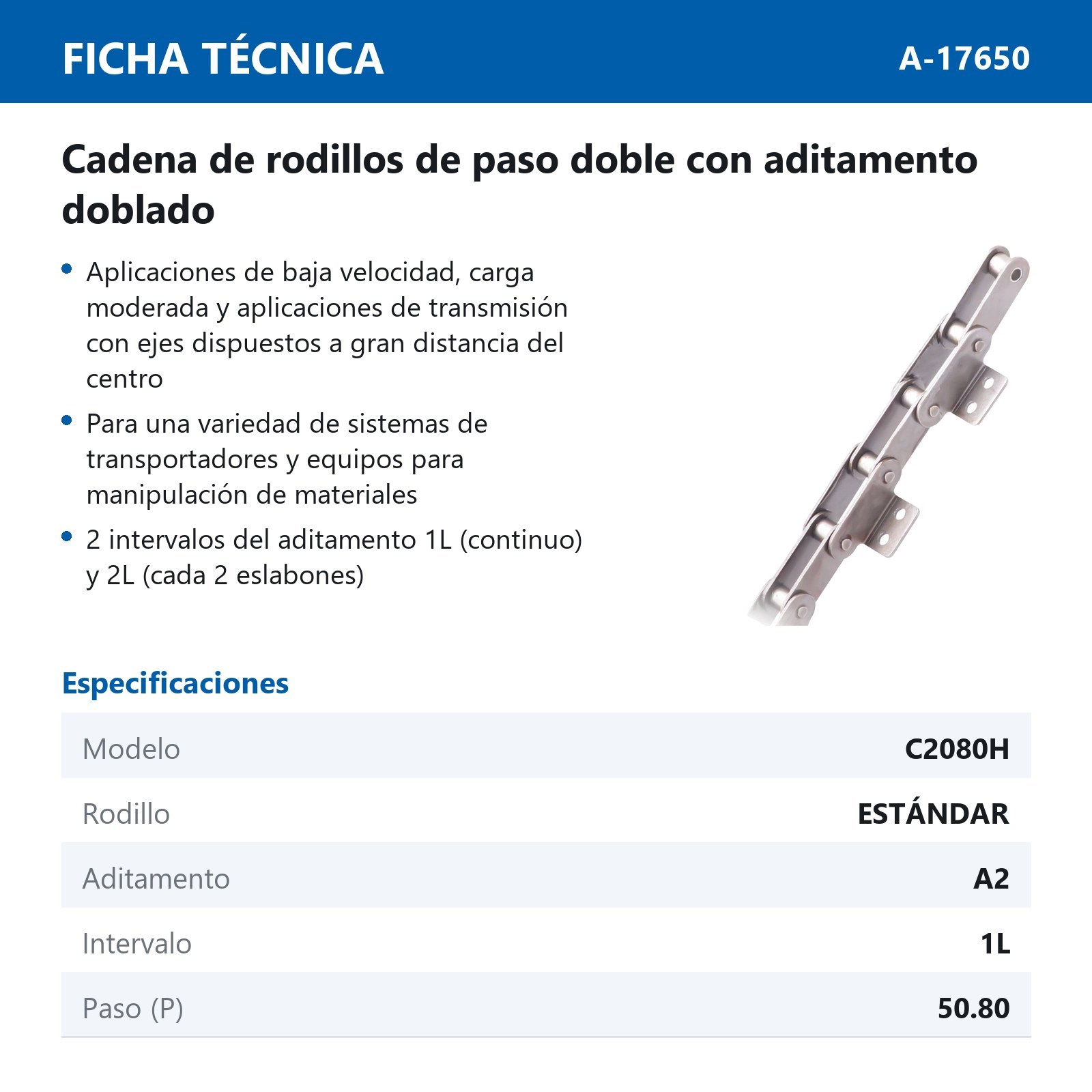 CADENA RODILLO C2080H C/A2/1L (CAJA DE 10 PIES) - Imagen 3