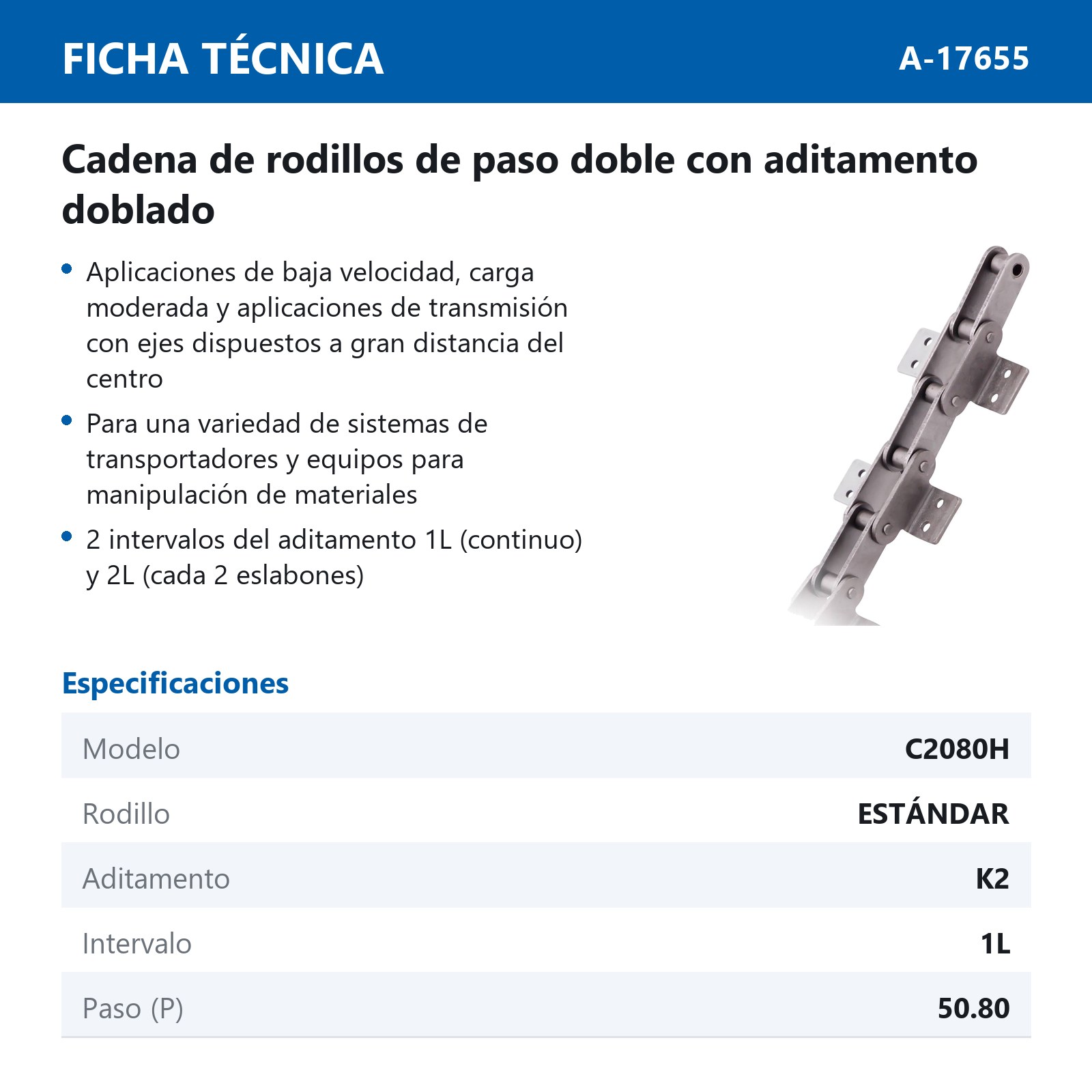 CADENA RODILLO C2080H-K2/1L (CAJA DE 10 PIES) - Imagen 3