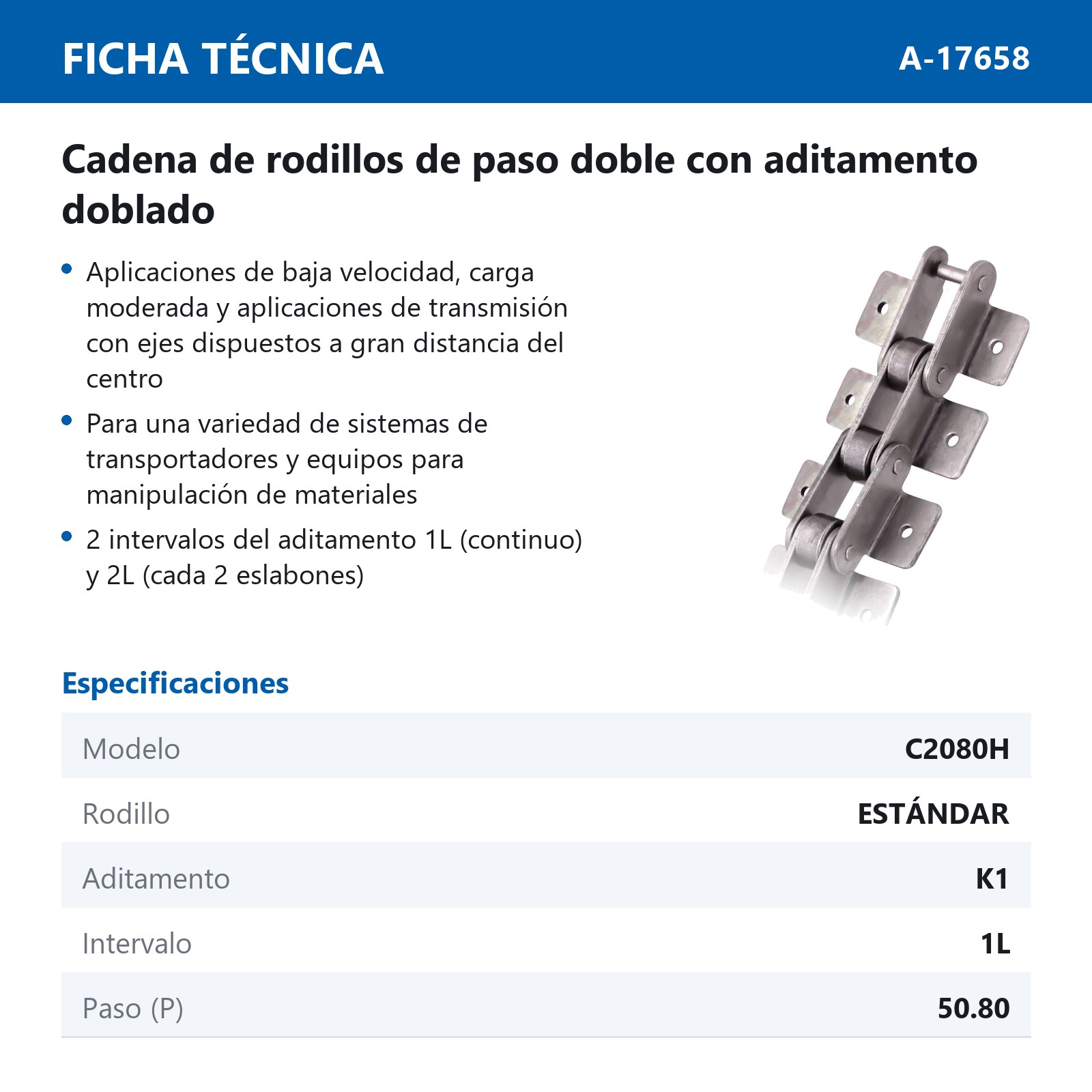CADENA RODILLO C2080H-K1/1L (CAJA DE 10 PIES) - Imagen 3