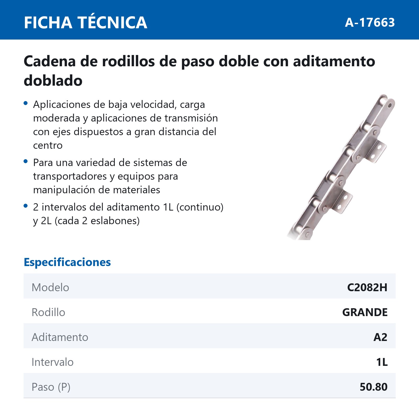 CADENA RODILLO C2082H-A2/1L (CAJA DE 10 PIES) - Imagen 3
