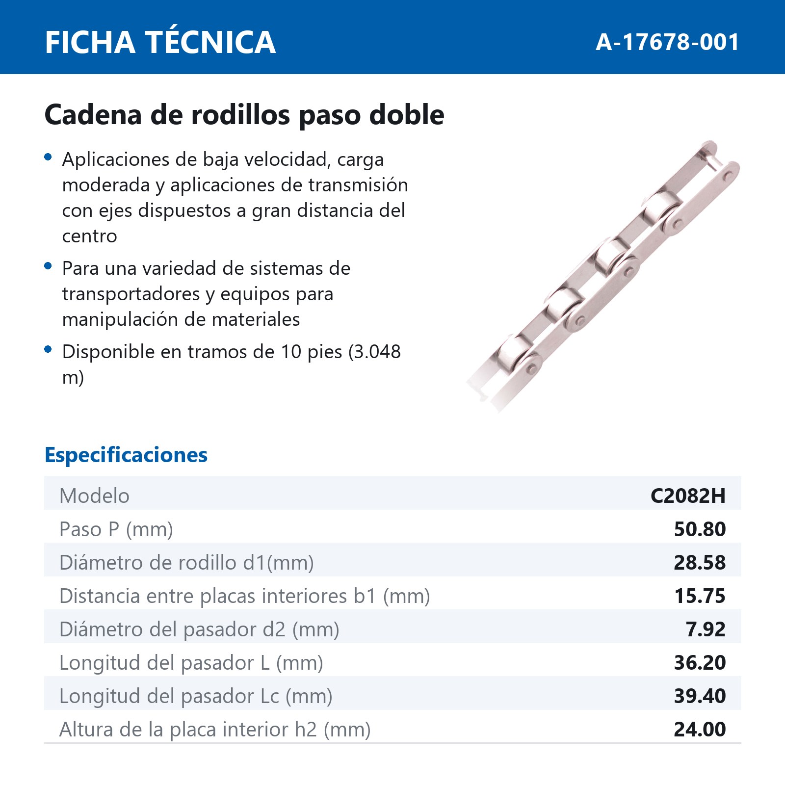 CADENA RODILLO C2082H ACERO INOX. (CAJA DE 10 PIES) - Imagen 4