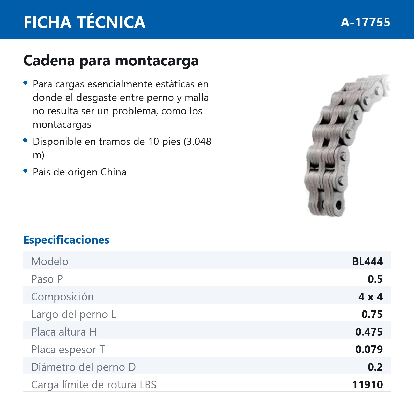 CADENA BL444 PARA MONTACARGA (CAJA DE 10 PIES) - Imagen 2