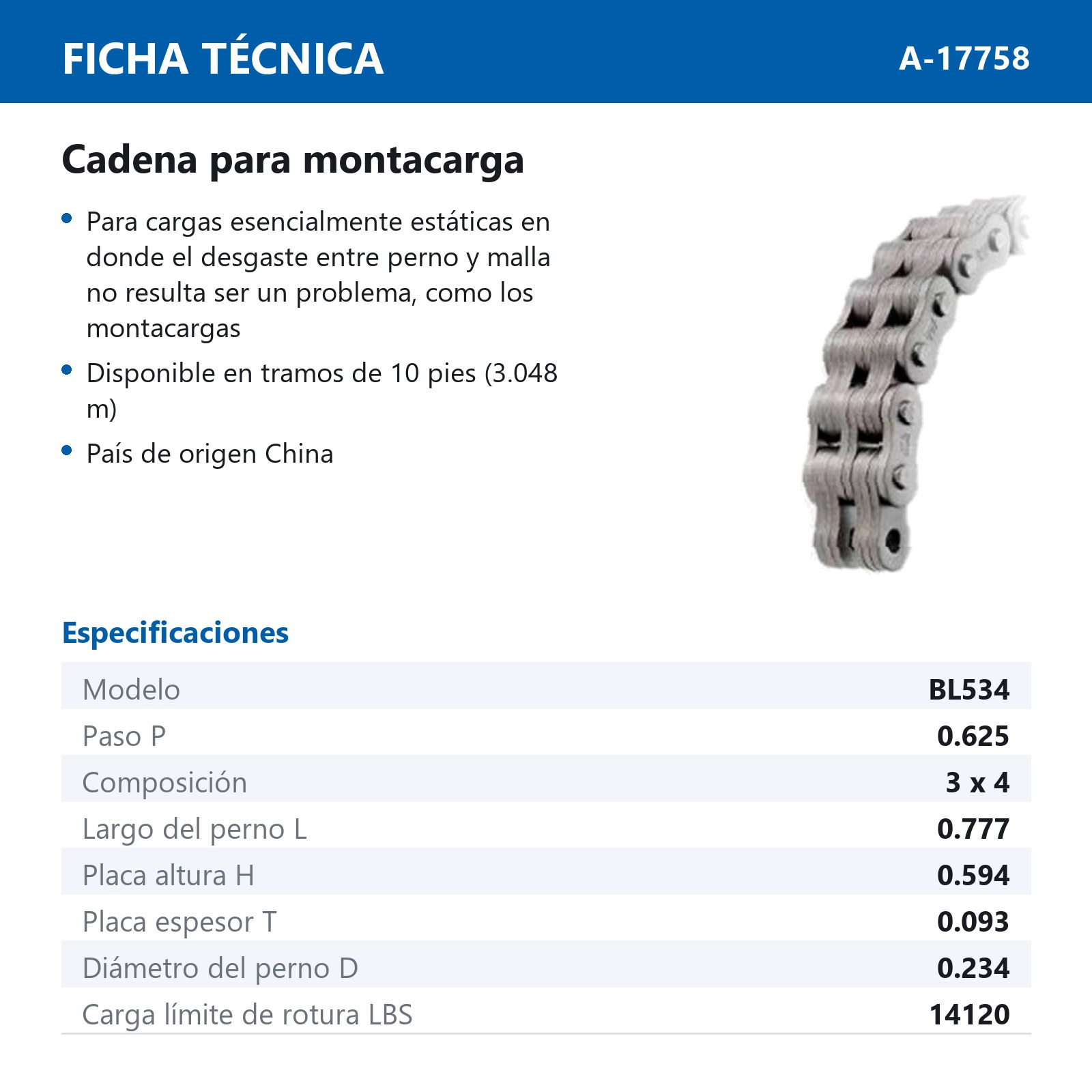CADENA BL534 PARA MONTACARGA (CAJA DE 10 PIES) - Imagen 2