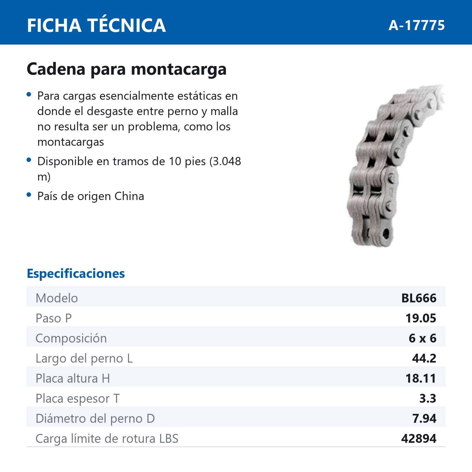 CADENA BL666 PARA MONTACARGA (CAJA DE 10 PIES) - Imagen 2