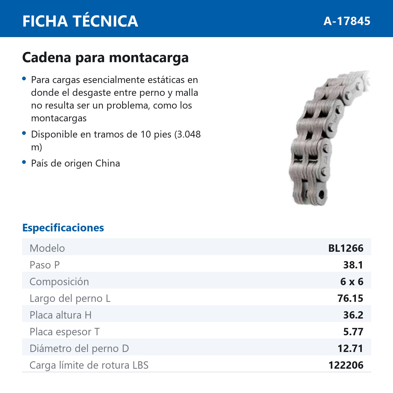 CADENA BL1266 PARA MONTACARGA (CAJA DE 10 PIES) - Imagen 2