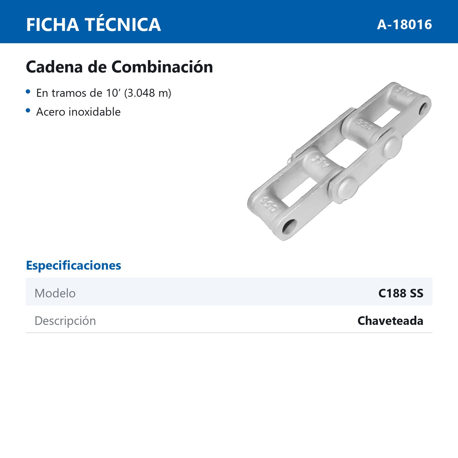 CADENA C188 ACERO INOX CHAVETEADA (CAJA DE 10 PIES) - Imagen 2