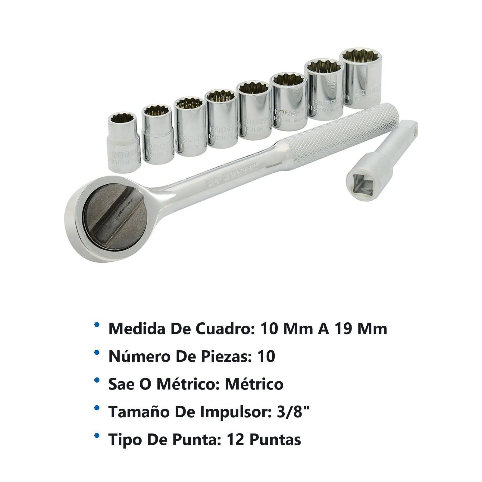 Juego de dados y accesorios cuadro de 3/8" métrico, 10 piezas Surtek - Imagen 2