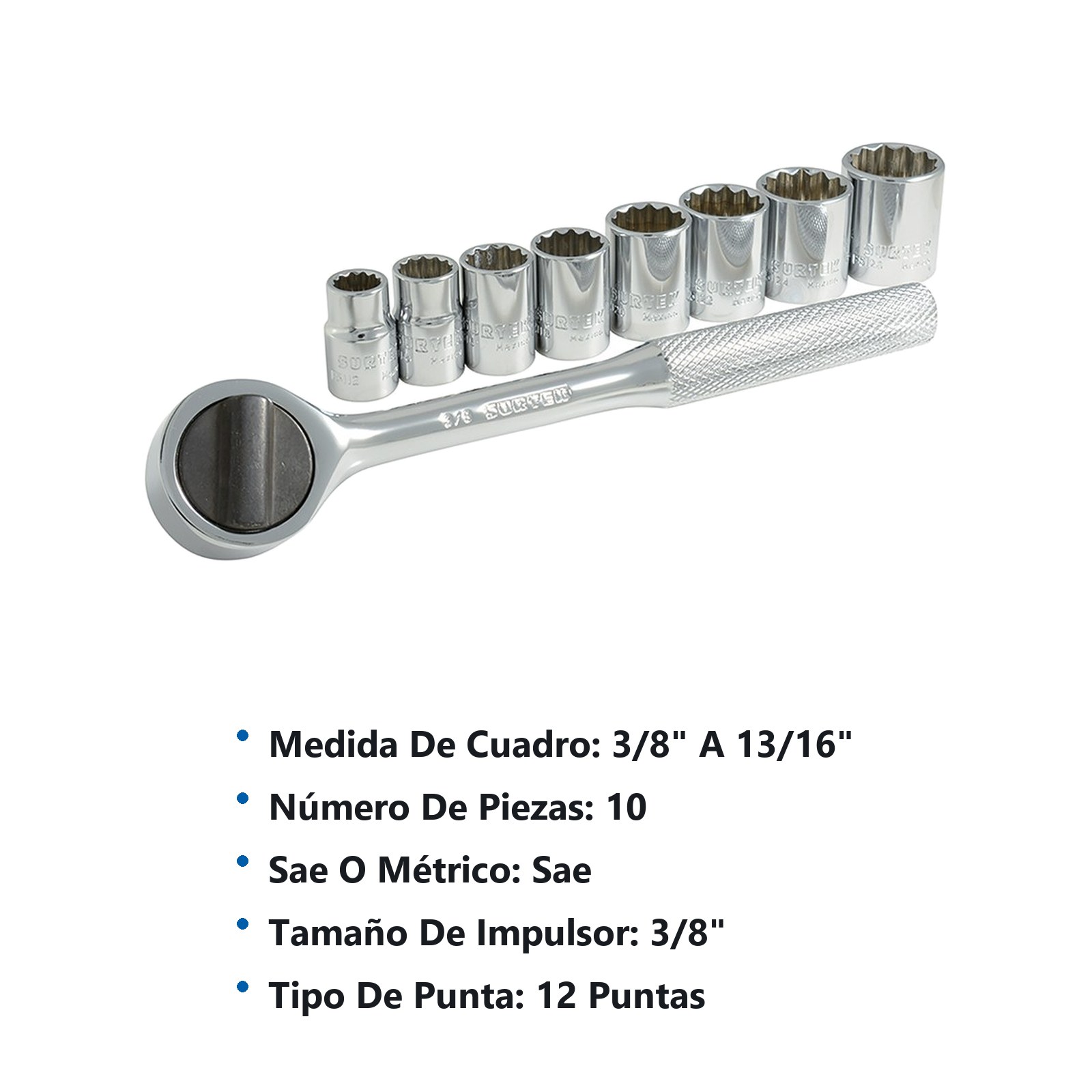 Juego de dados y accesorios cuadro de 3/8" en pulgadas, 10 piezas Surtek - Imagen 3