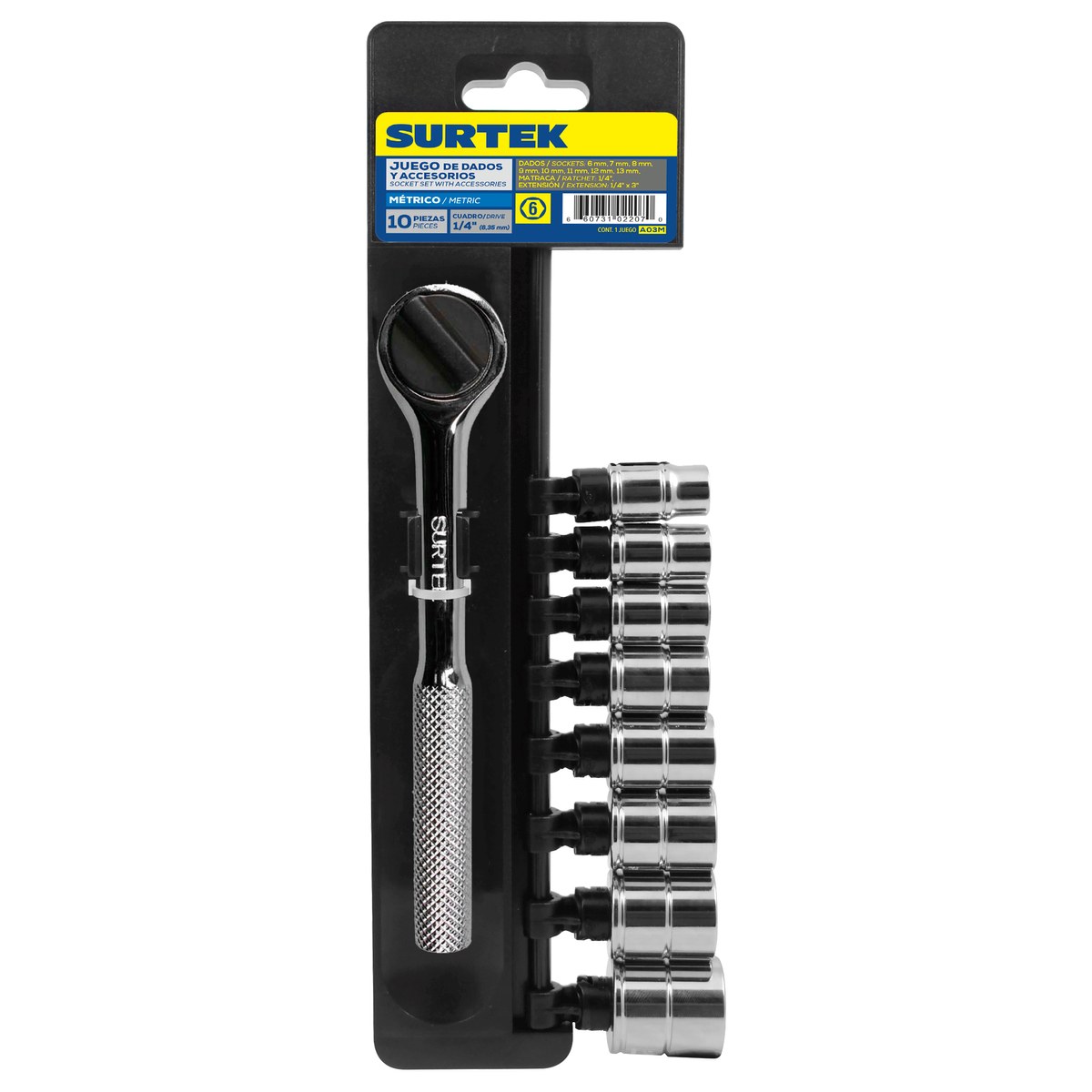 Juego de dados y accesorios cuadro de 1/4" métrico, 10 piezas Surtek - Imagen 2