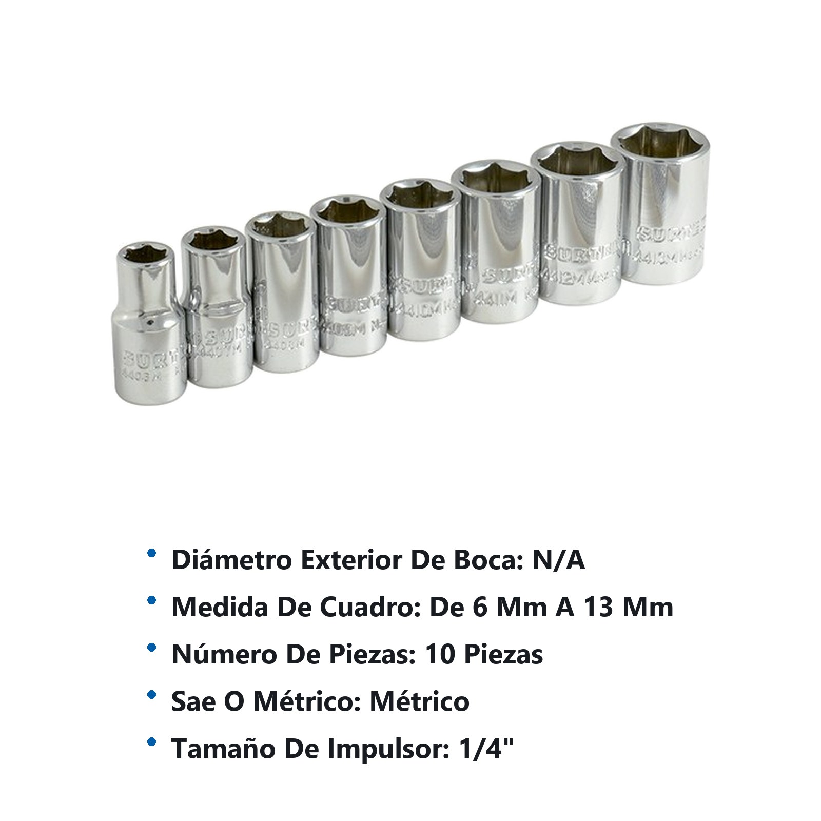 Juego de dados y accesorios cuadro de 1/4" métrico, 10 piezas Surtek - Imagen 3