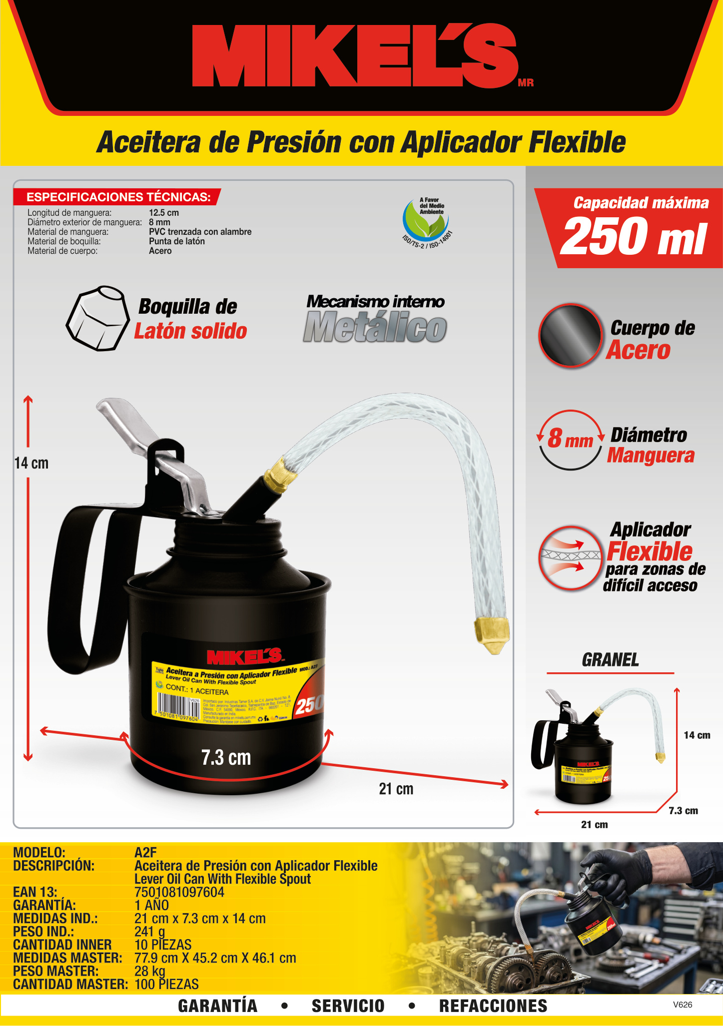 MIKELS A2F Aceitera de presión, bote de acero, tubo flexible (250 ml) - Imagen 4