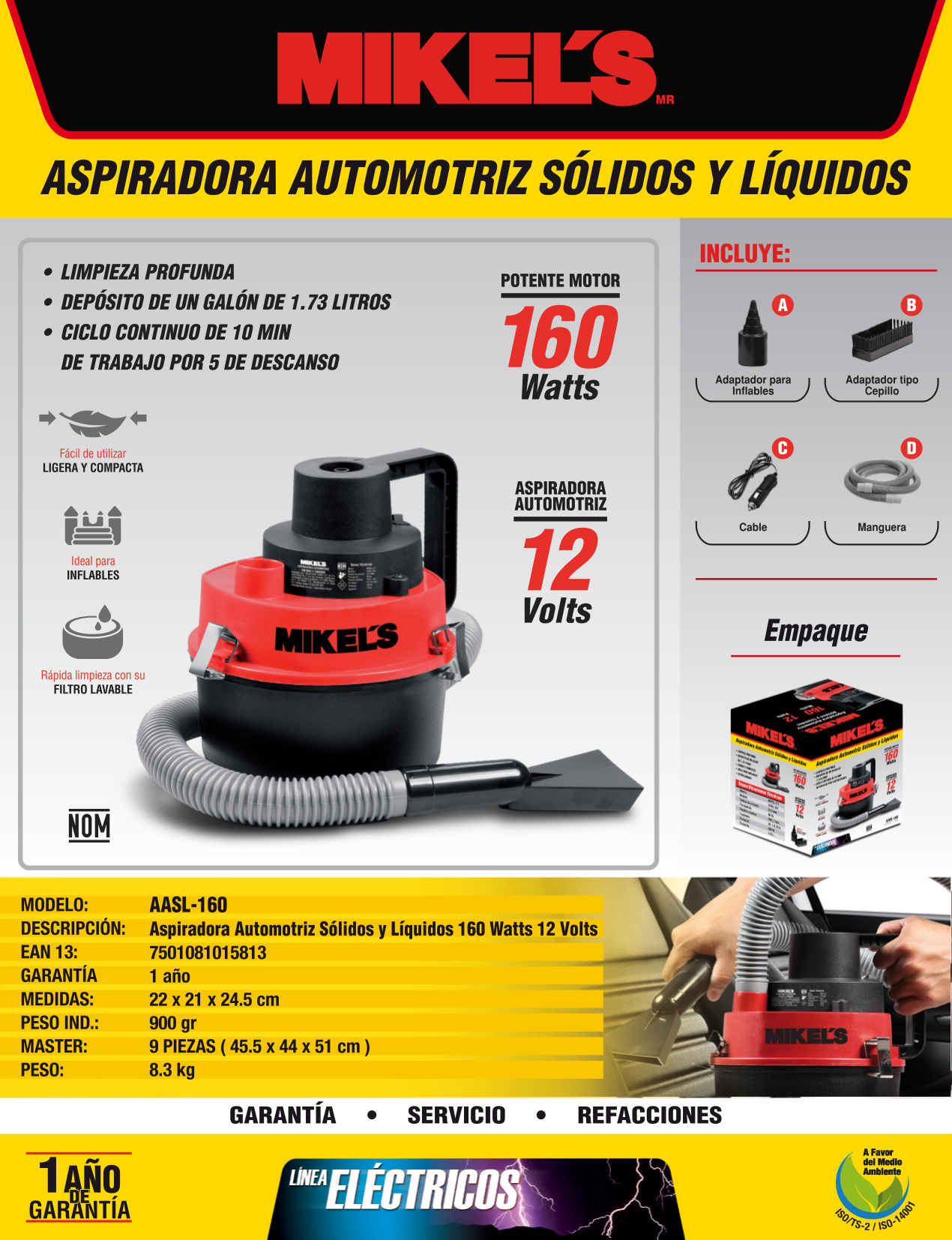 MIKELS AASL-160 Aspiradora sólidos y líquidos (12 V, 160 W) - Imagen 4