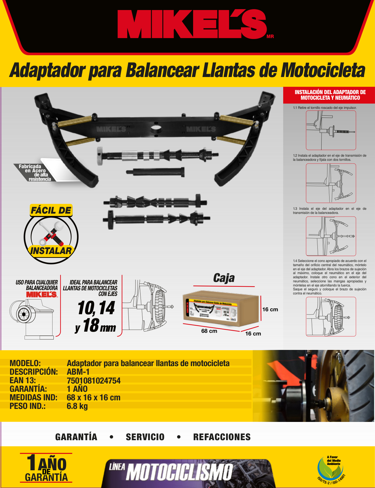 MIKELS ABM-1 Adaptador para balancear llantas de motocicleta (10, 14 y 18 mm) - Imagen 4