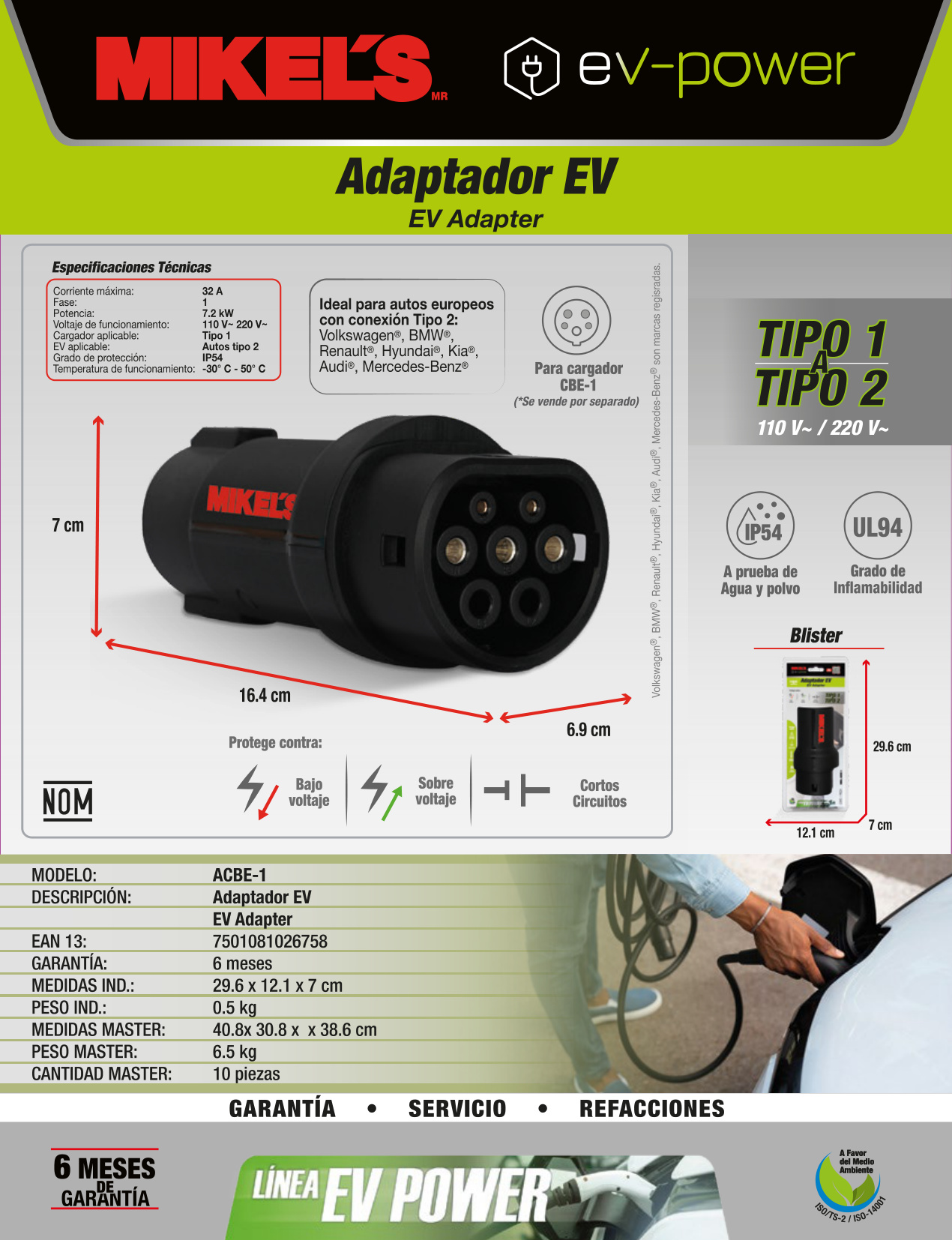MIKELS ACBE-1 Adaptador para vehículo eléctrico EV (tipo 1 a tipo 2) - Imagen 2