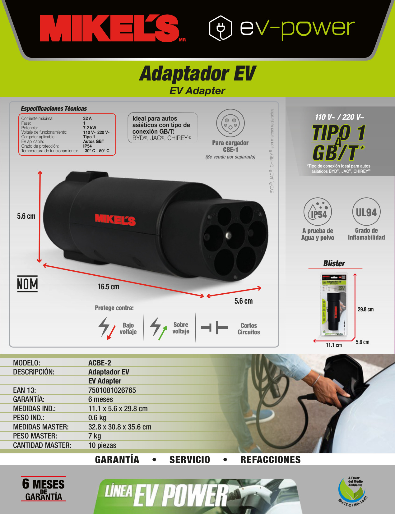 MIKELS ACBE-2 Adaptador para vehículo eléctrico EV (tipo 1 a G/BT) - Imagen 2