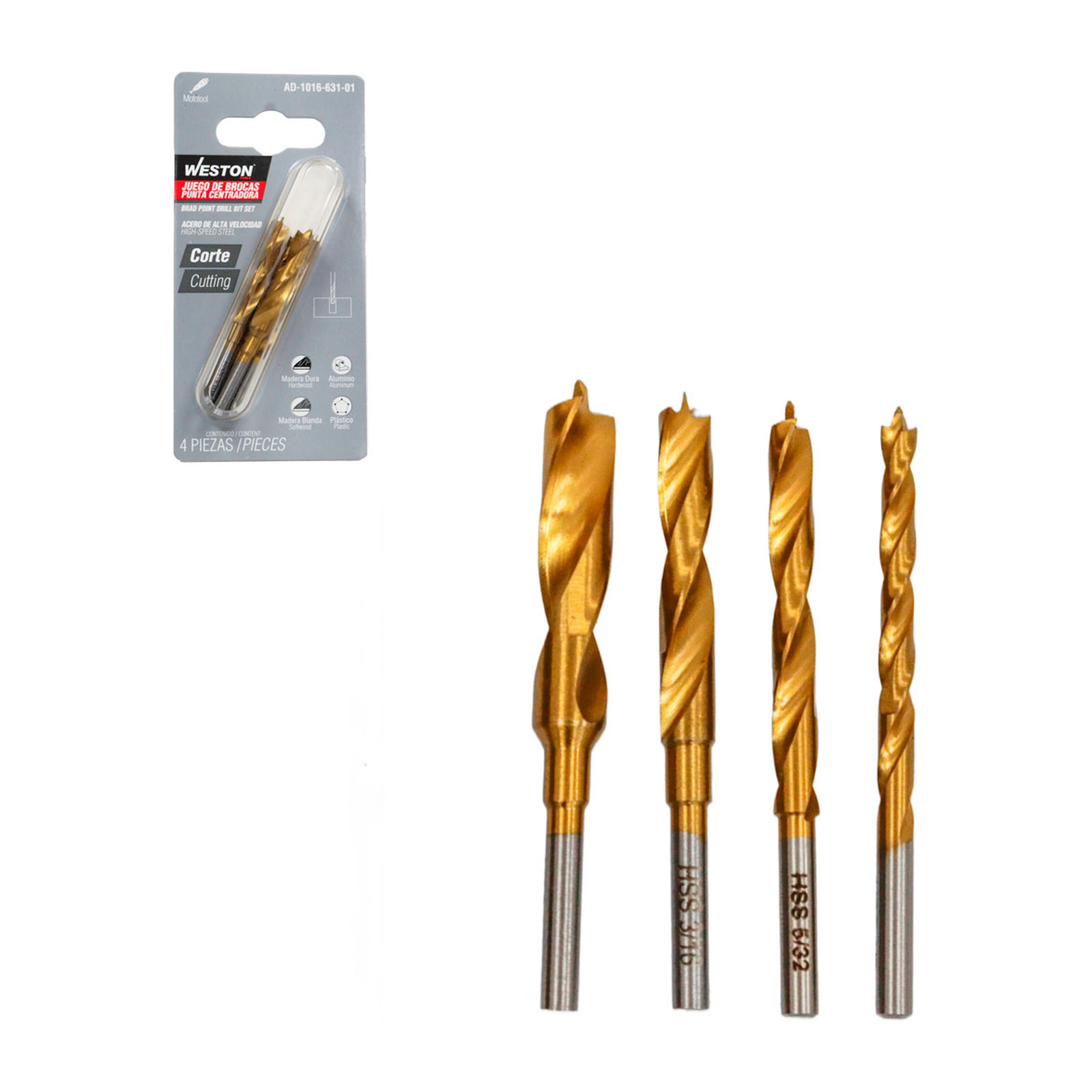 JUEGO DE BROCAS PUNTA CENTRADORA 1/8", 5/32", 3/16", 1/4" AAV
