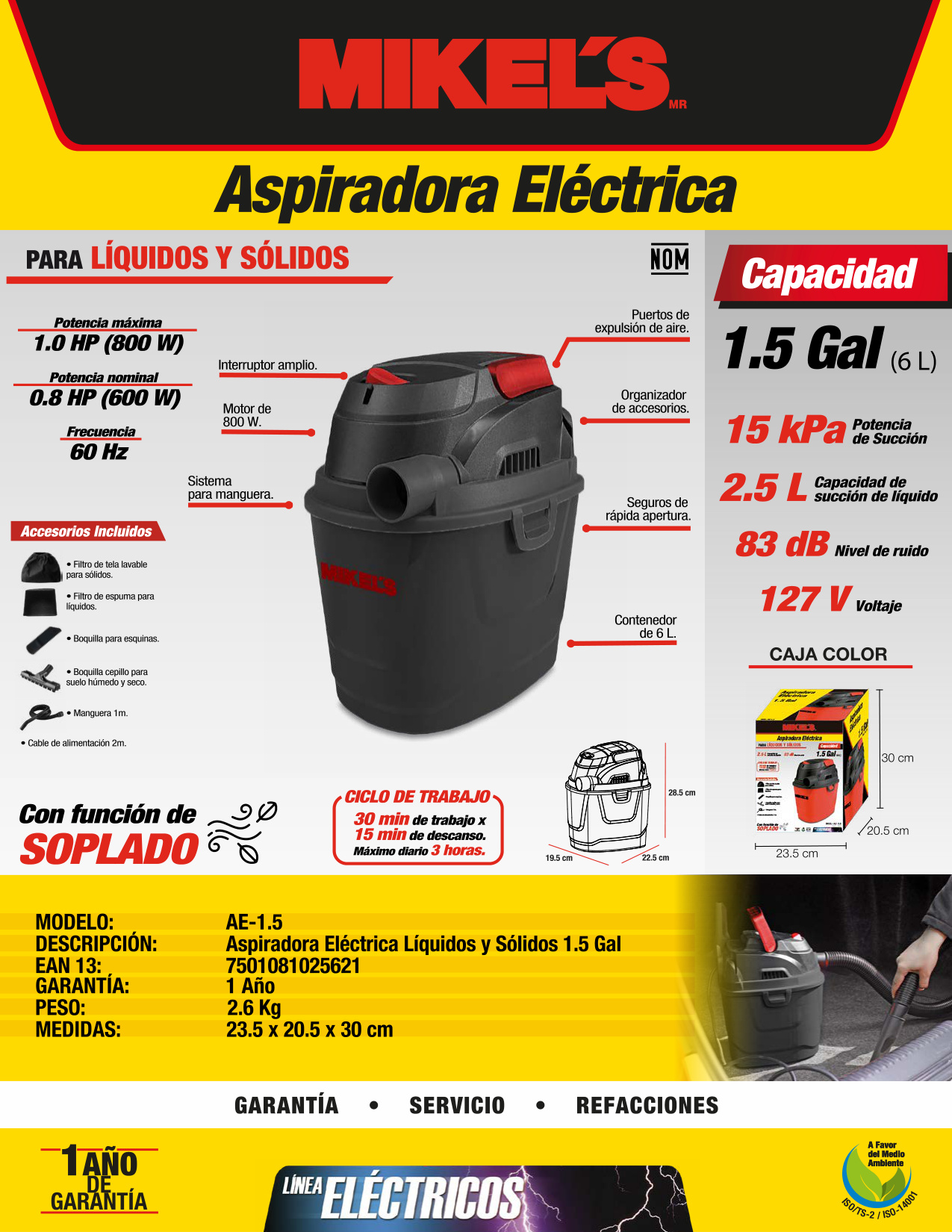MIKELS AE-1.5 Aspiradora eléctrica sólidos y líquidos (1.5 gal) - Imagen 4