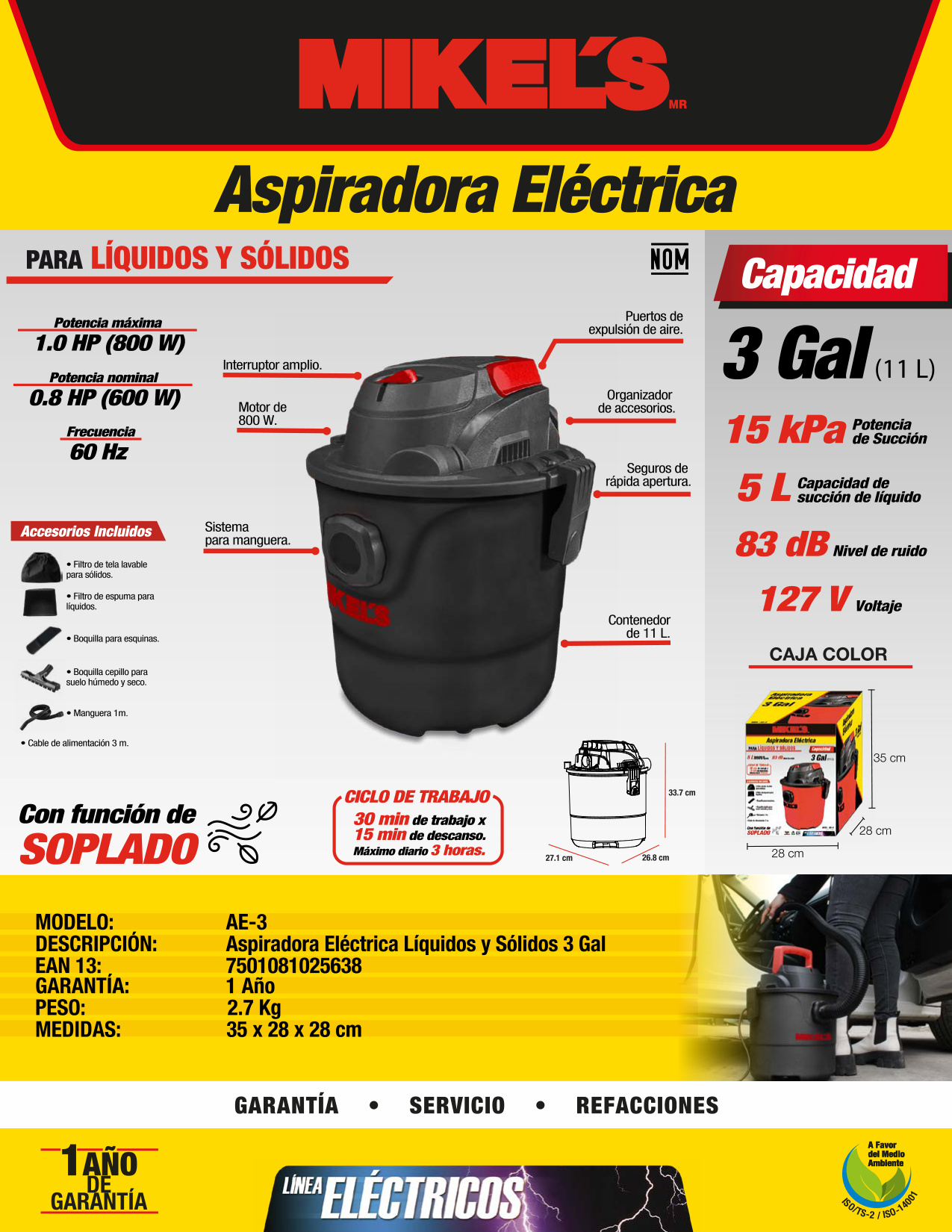 MIKELS AE-3 Aspiradora eléctrica sólidos y líquidos (3 gal) - Imagen 4
