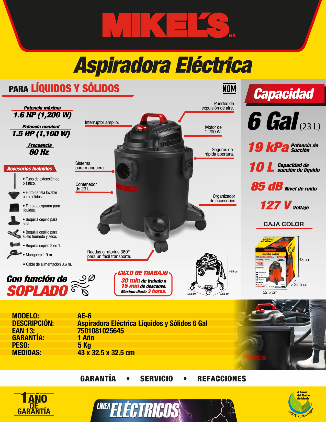 MIKELS AE-6 Aspiradora eléctrica sólidos y líquidos (6 gal) - Imagen 4