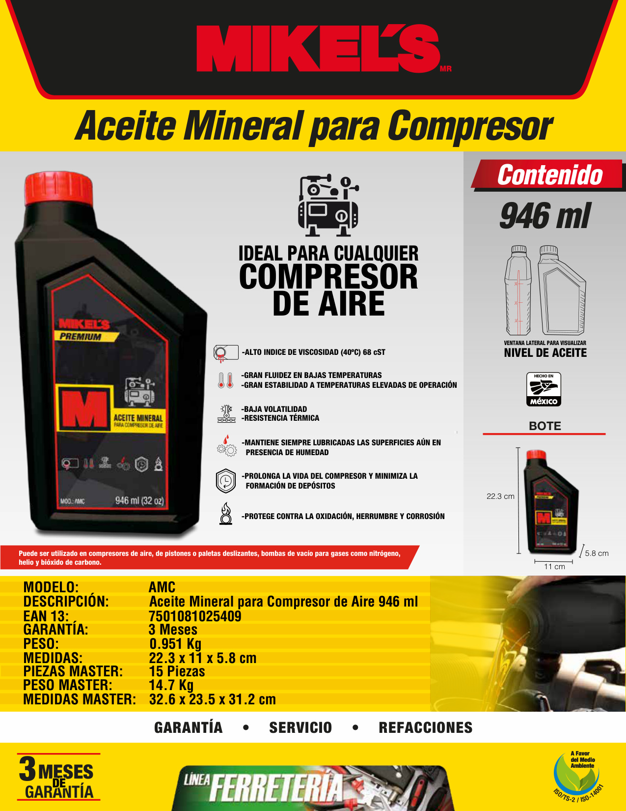 MIKELS AMC Aceite Para Compresor De Aire 946 ml Alta Viscosidad - Imagen 4